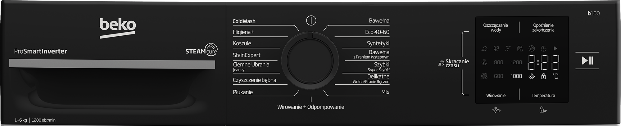 Czarny panel sterowania pralki z przyciskami i pokrętłem. Posiada ustawienia dla różnych cykli prania.