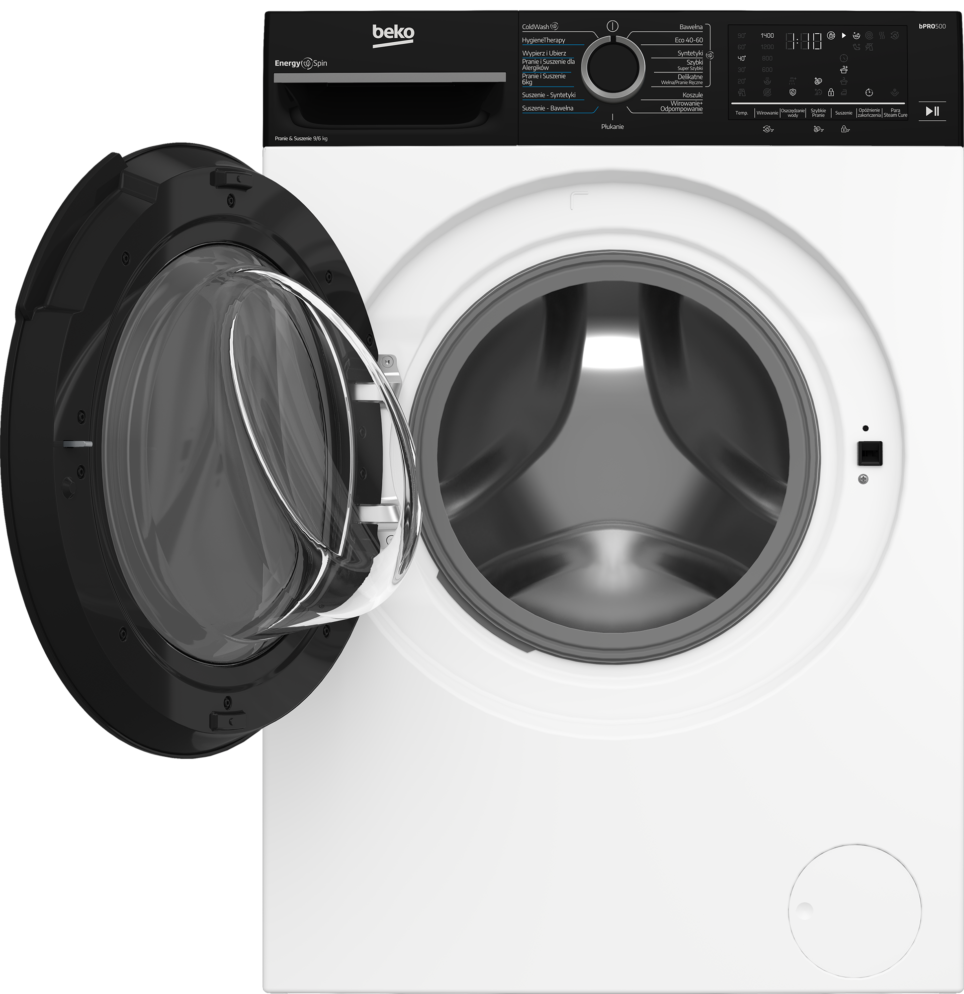 Pralka Beko z otwartymi drzwiami. Ma panel sterowania i wyświetlacz cyfrowy. Drzwi są czarne z przezroczystym szkłem.