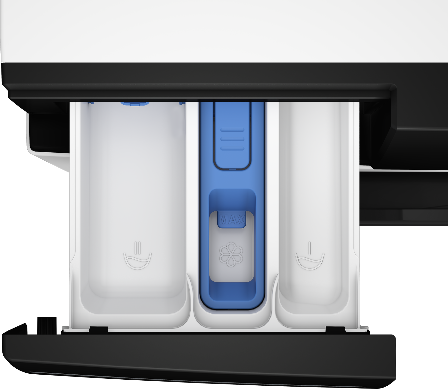 Zbliżenie szuflady na detergent pralki. Ma trzy przegrody w kolorze białym i niebieskim. Szuflada jest otwarta.