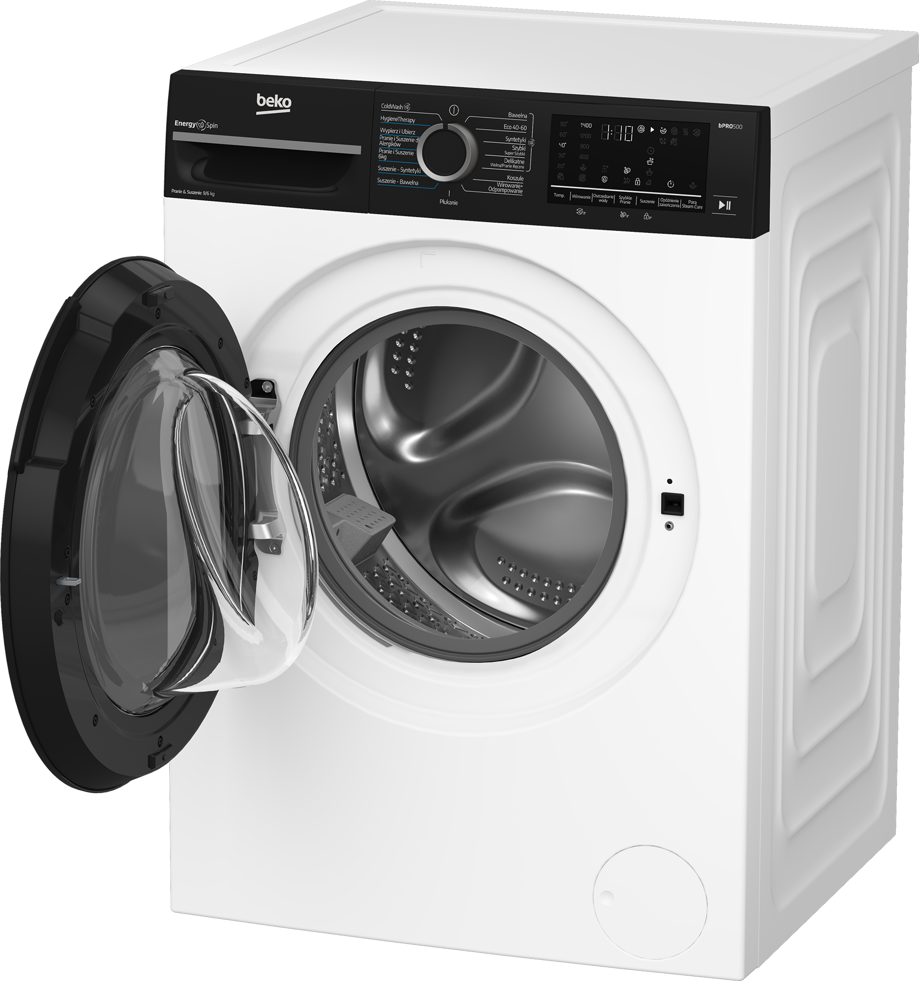 Biała pralka Beko z otwartymi czarnymi drzwiami. Panel sterowania na górze, widoczny bęben i logo marki.