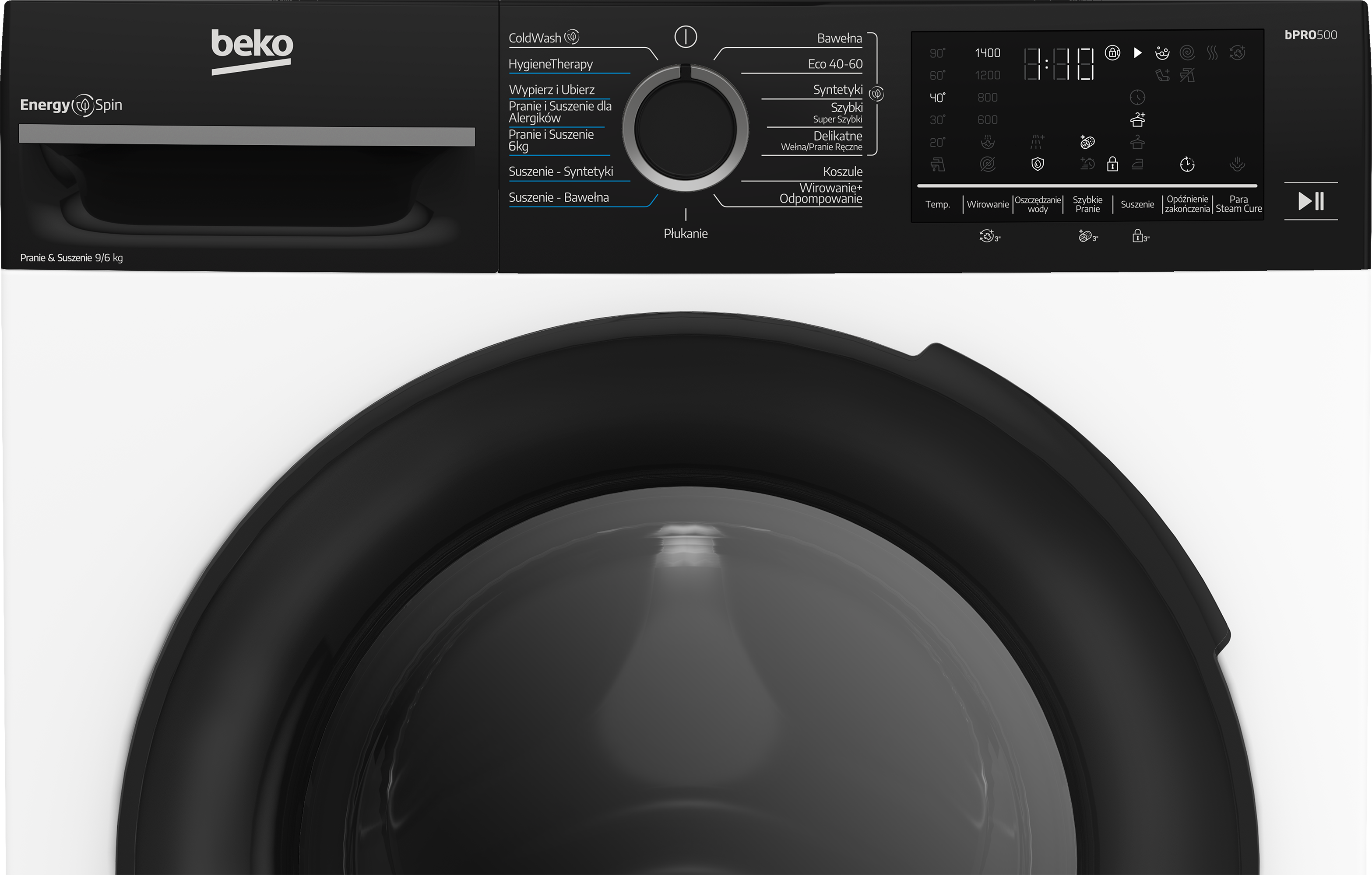 Czarny panel sterowania pralki z programami i cyfrowym wyświetlaczem czasu.