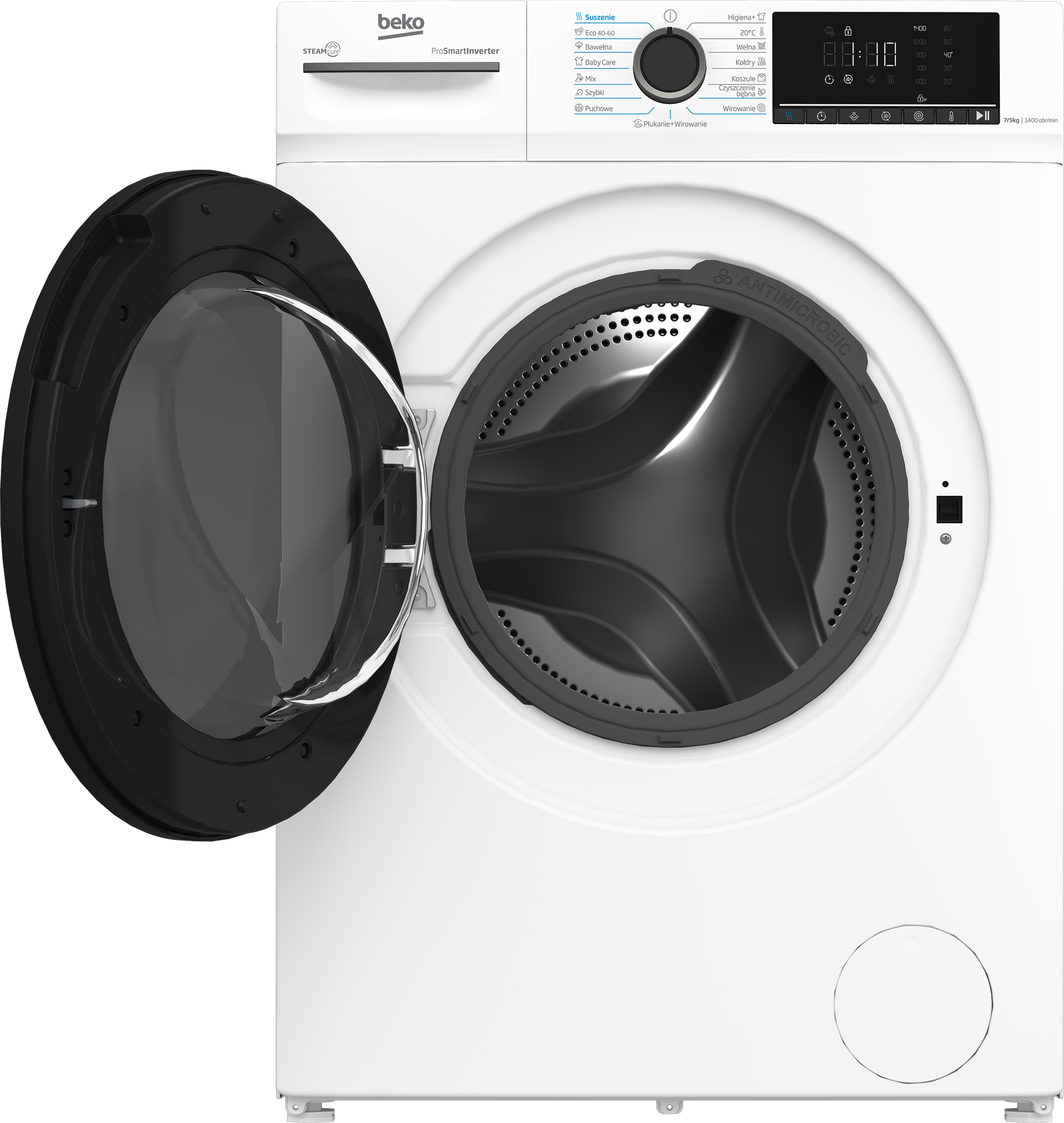 Biała pralka Beko z otwartymi czarnymi drzwiami, odsłaniającymi bęben. Widoczny panel sterowania.