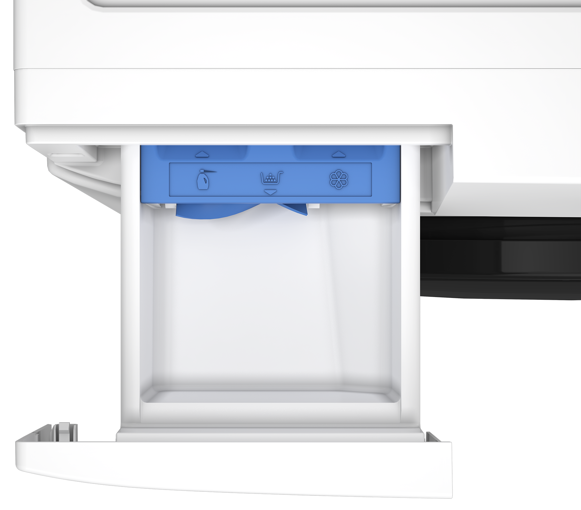 Zbliżenie szuflady na detergent pralki. Niebieska sekcja z symbolami. Biały korpus maszyny.