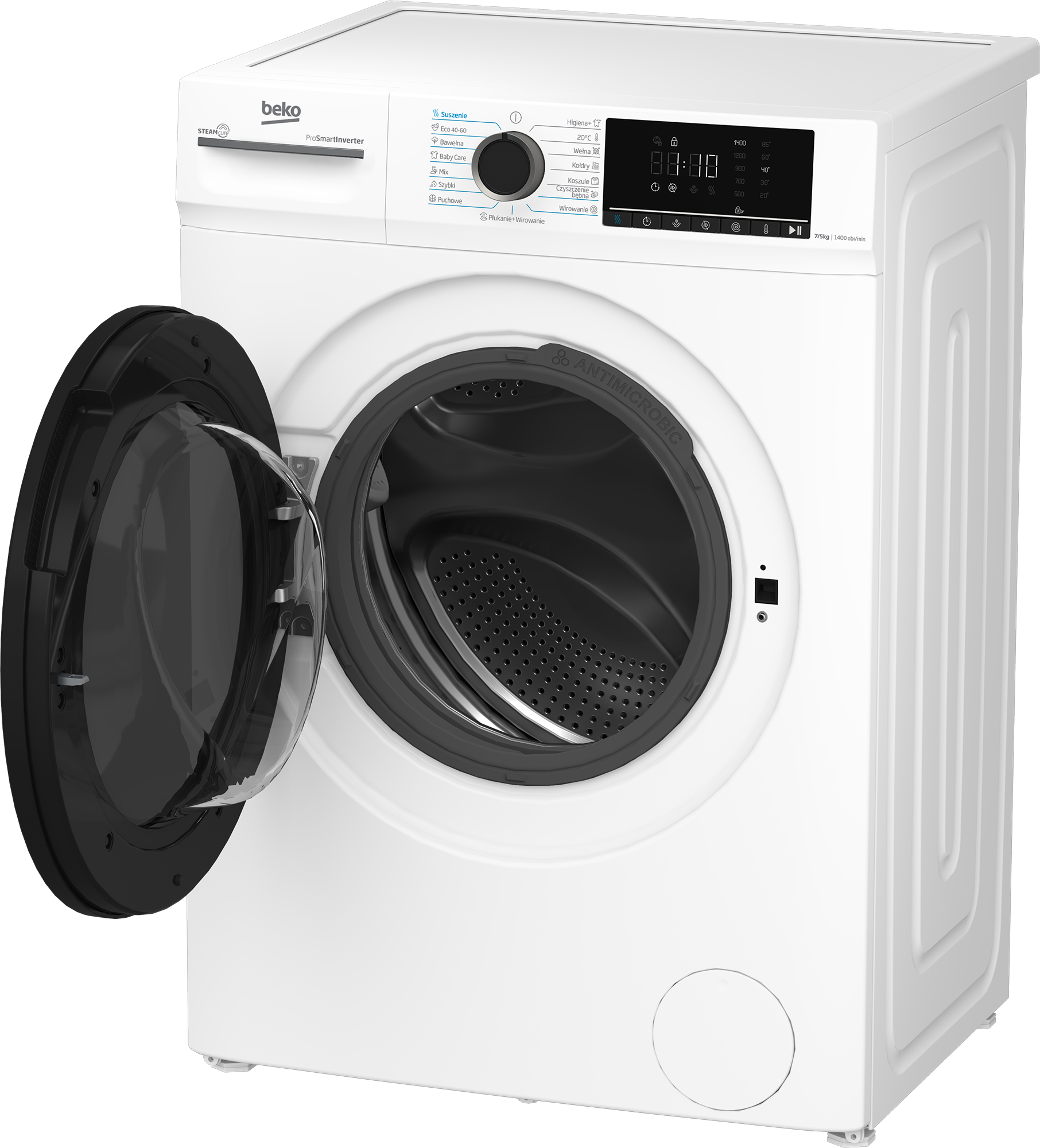 Biała pralka Beko z otwartymi drzwiami. Panel sterowania i drzwi są czarne.