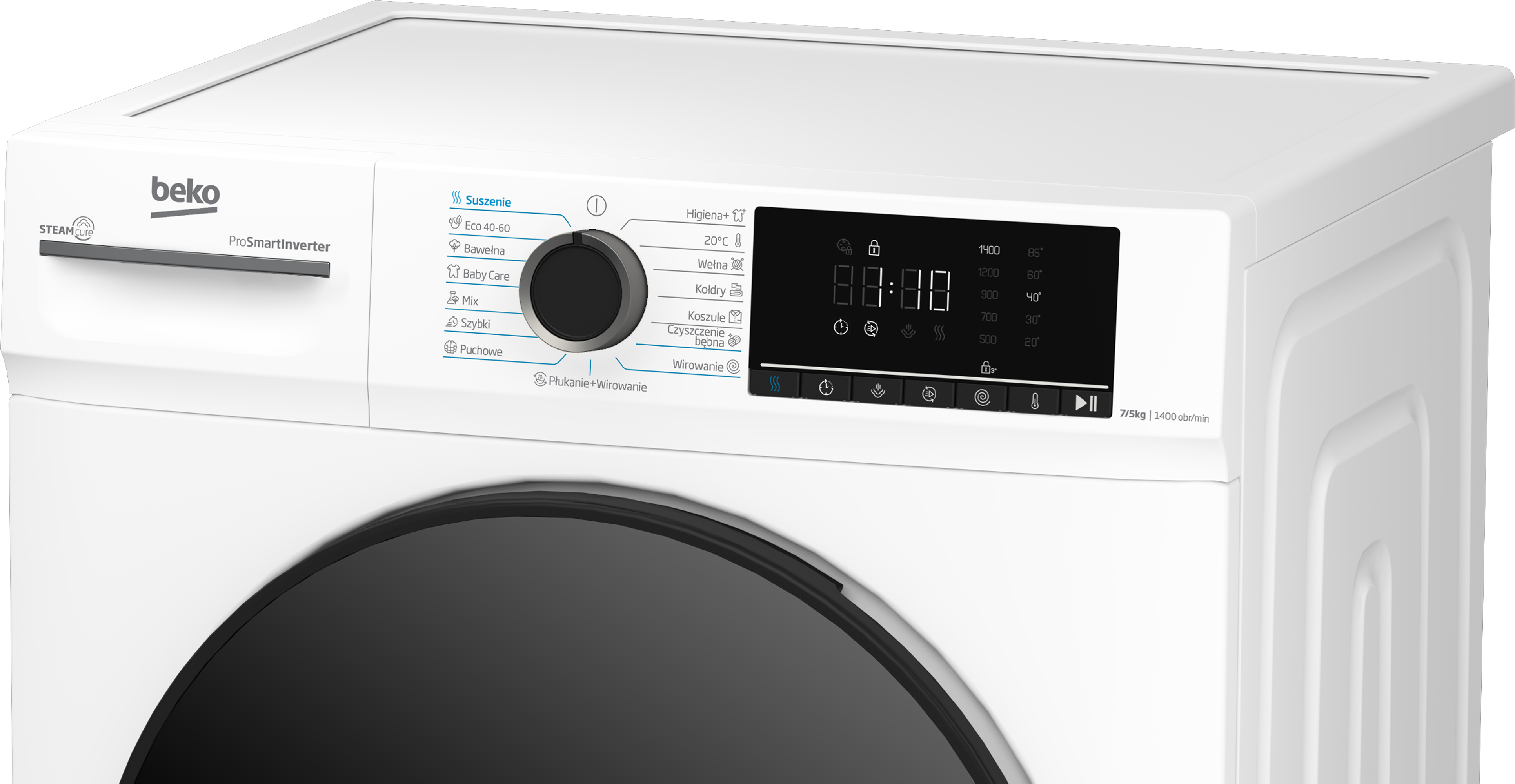 Biała pralka Beko z panelem sterowania, wyświetlaczem i czarnymi drzwiami. Wyświetlane są opcje programu.