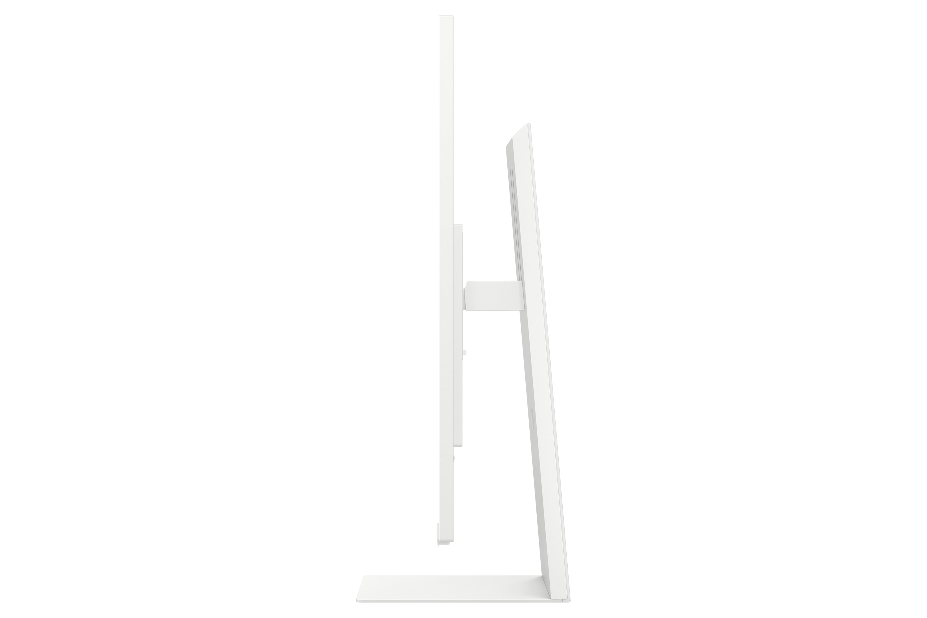 Biały monitor komputerowy, stojak i podstawa, widok z boku, na czarnym tle. Monitor jest prostokątny.