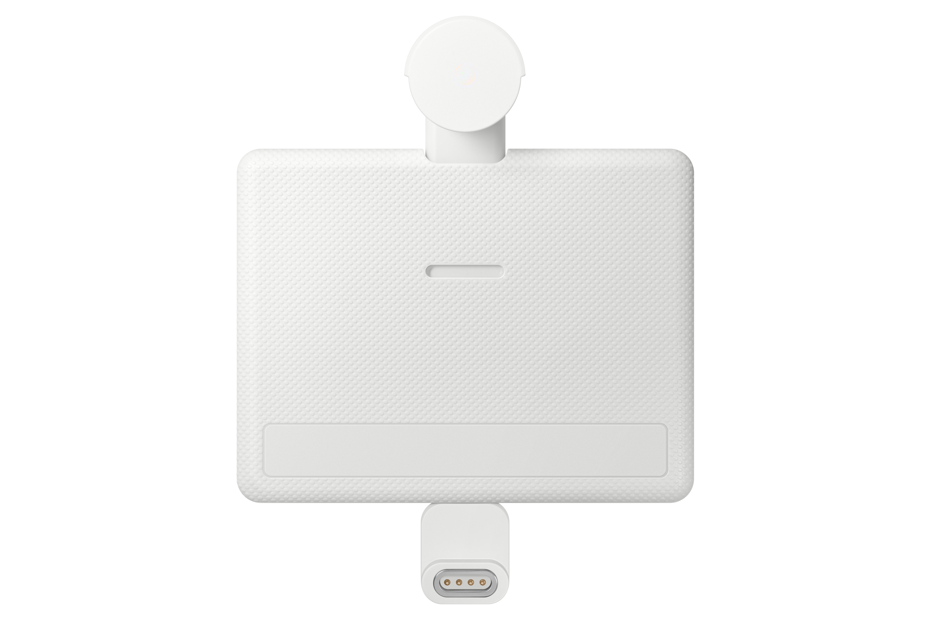 Białe urządzenie z teksturowaną powierzchnią. Ma okrągłą górną część, prostokątny korpus i złącze na dole.