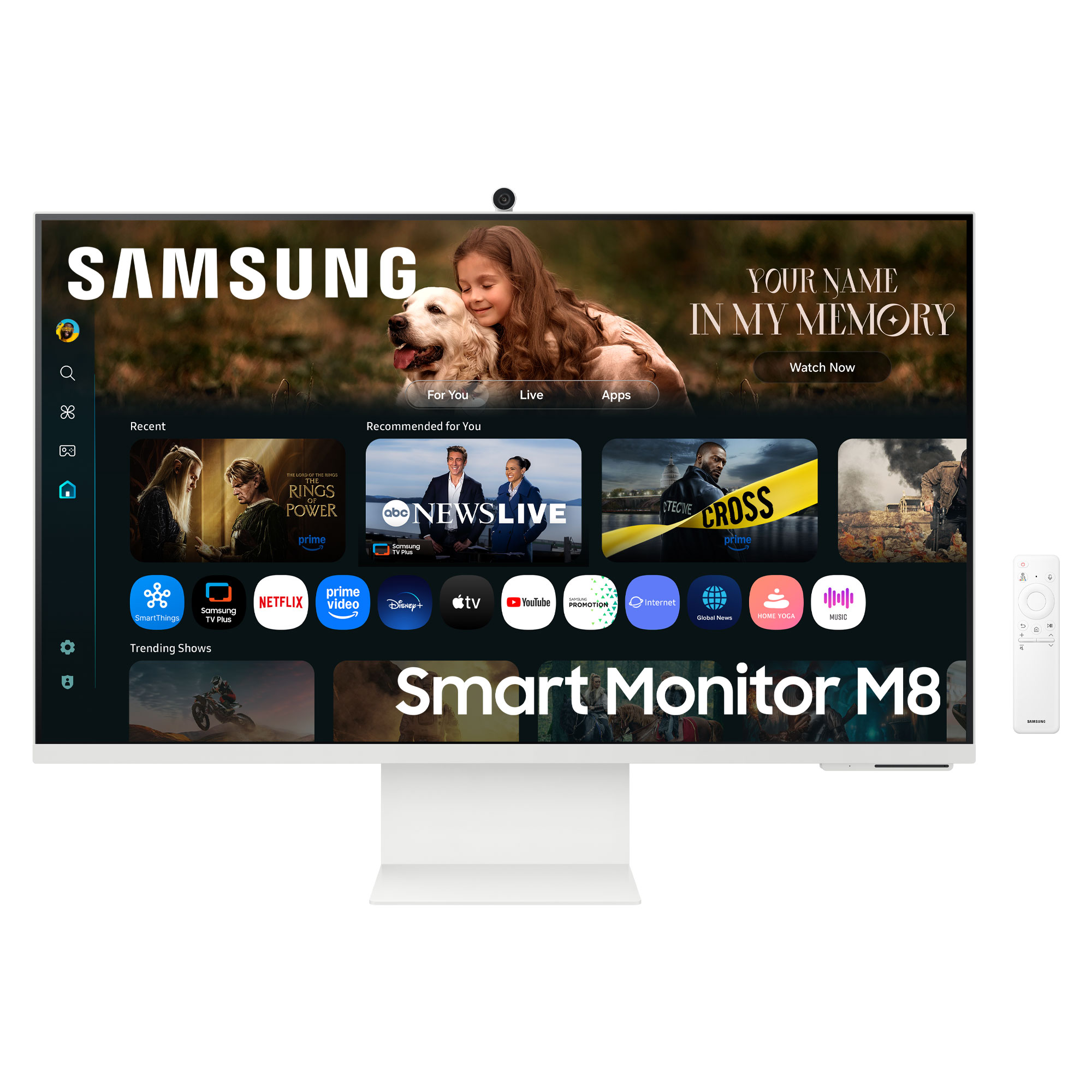 Biały monitor Samsung Smart Monitor M8 wyświetla interfejs użytkownika z aplikacjami. Pilot znajduje się po prawej stronie. Na górze jest kamera.