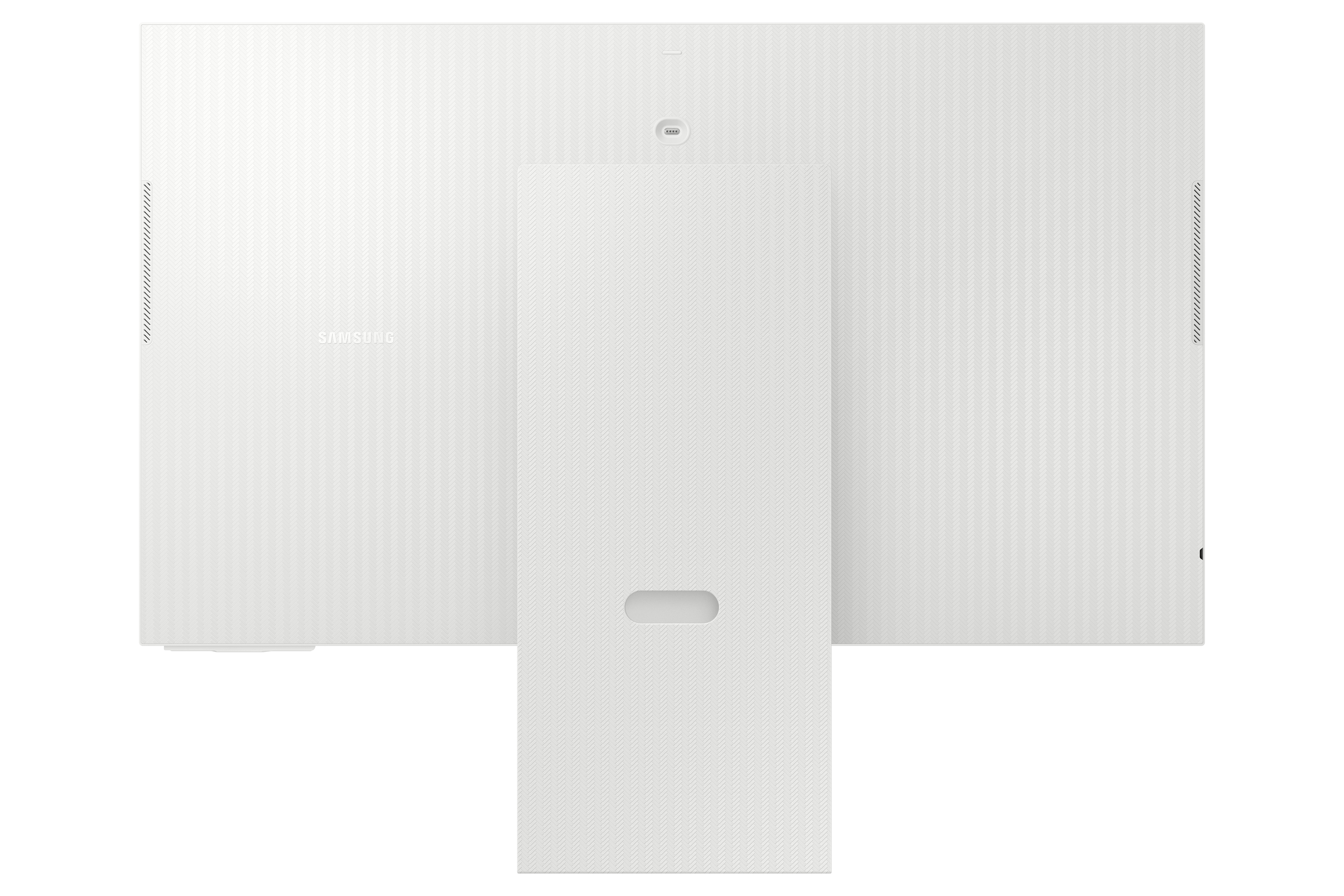 Tył białego monitora ze stojakiem. Widoczne logo Samsung. Monitor na czarnym tle.