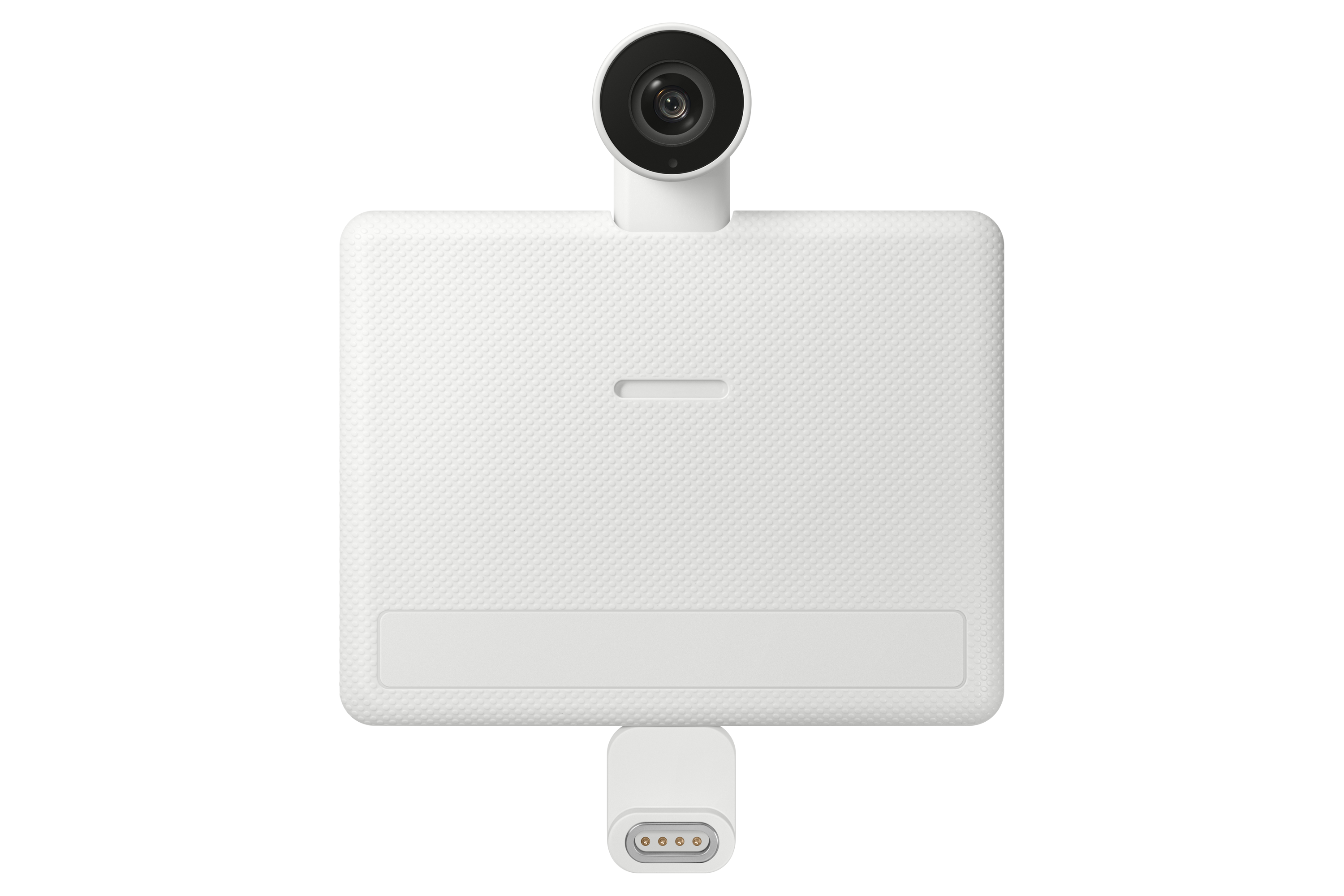 Białe urządzenie z kamerą, prostokątnym korpusem i złączem u dołu na czarnym tle.