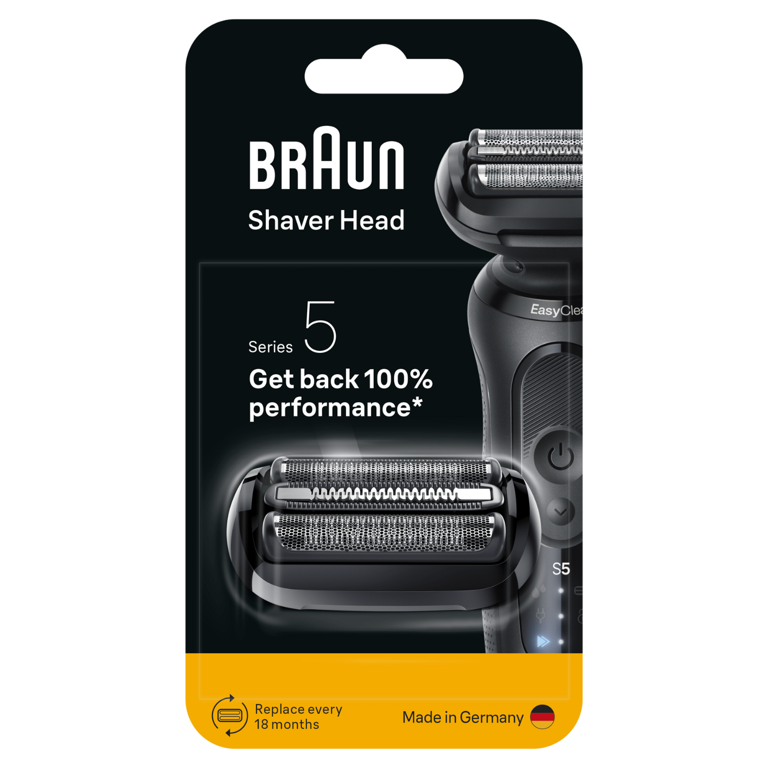 Paquete de cabezal de afeitadora Braun. Diseño en blanco y negro con detalles del producto, imagen del cabezal y texto sobre rendimiento.
