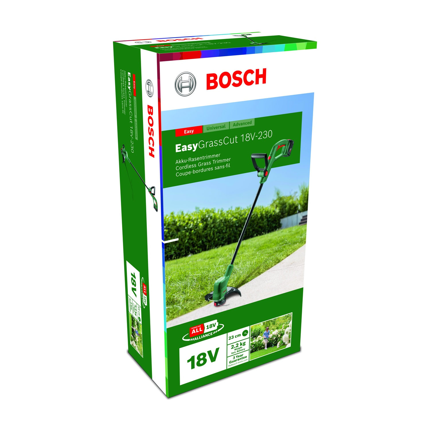 Una scatola Bosch EasyGrassCut 18V-230. Mostra un tagliaerba senza fili su un prato. Il testo include '18V' e '3 anni di garanzia'.