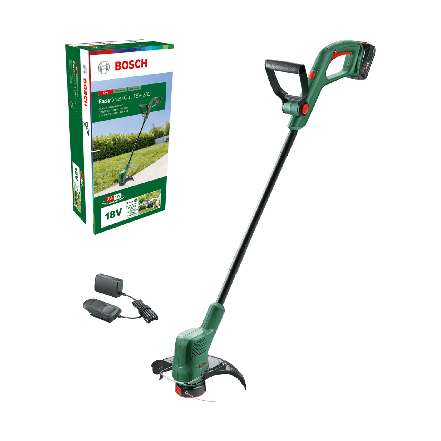 Un tagliaerba senza filo Bosch EasyGrassCut 18V-230, design verde e nero, mostrato con confezione e caricatore.