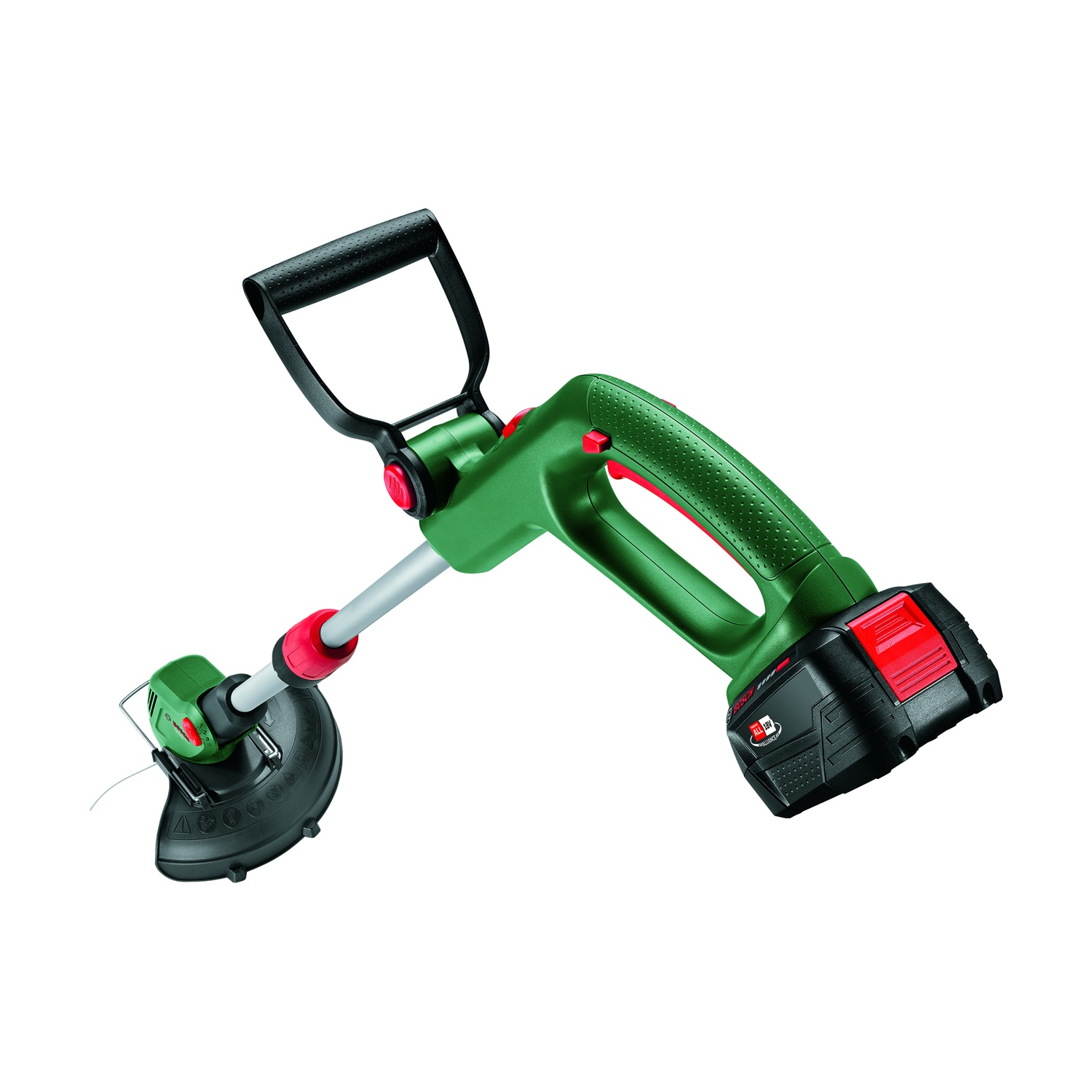 Un tagliabordi senza fili verde e nero con pulsante rosso e batteria, su sfondo bianco.
