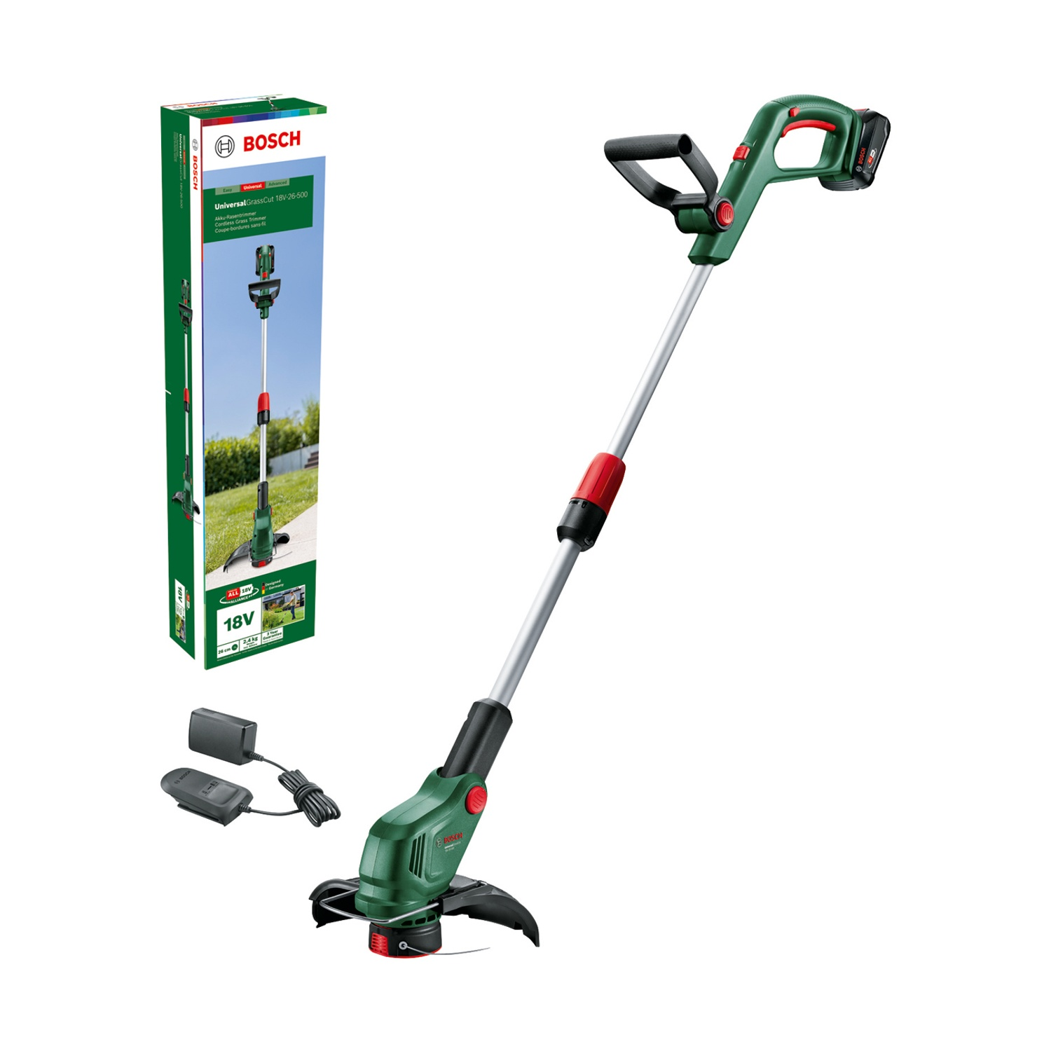 Un tagliabordi a batteria Bosch e una scatola su sfondo bianco. Il trimmer è verde, nero e argento. La scatola presenta un'immagine del trimmer.