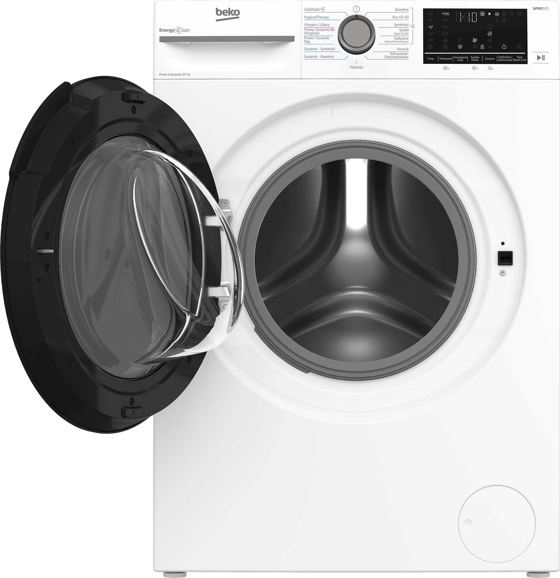 Biała pralka Beko z otwartymi drzwiami. Bęben jest widoczny. Panel sterowania i przyciski znajdują się na górze.