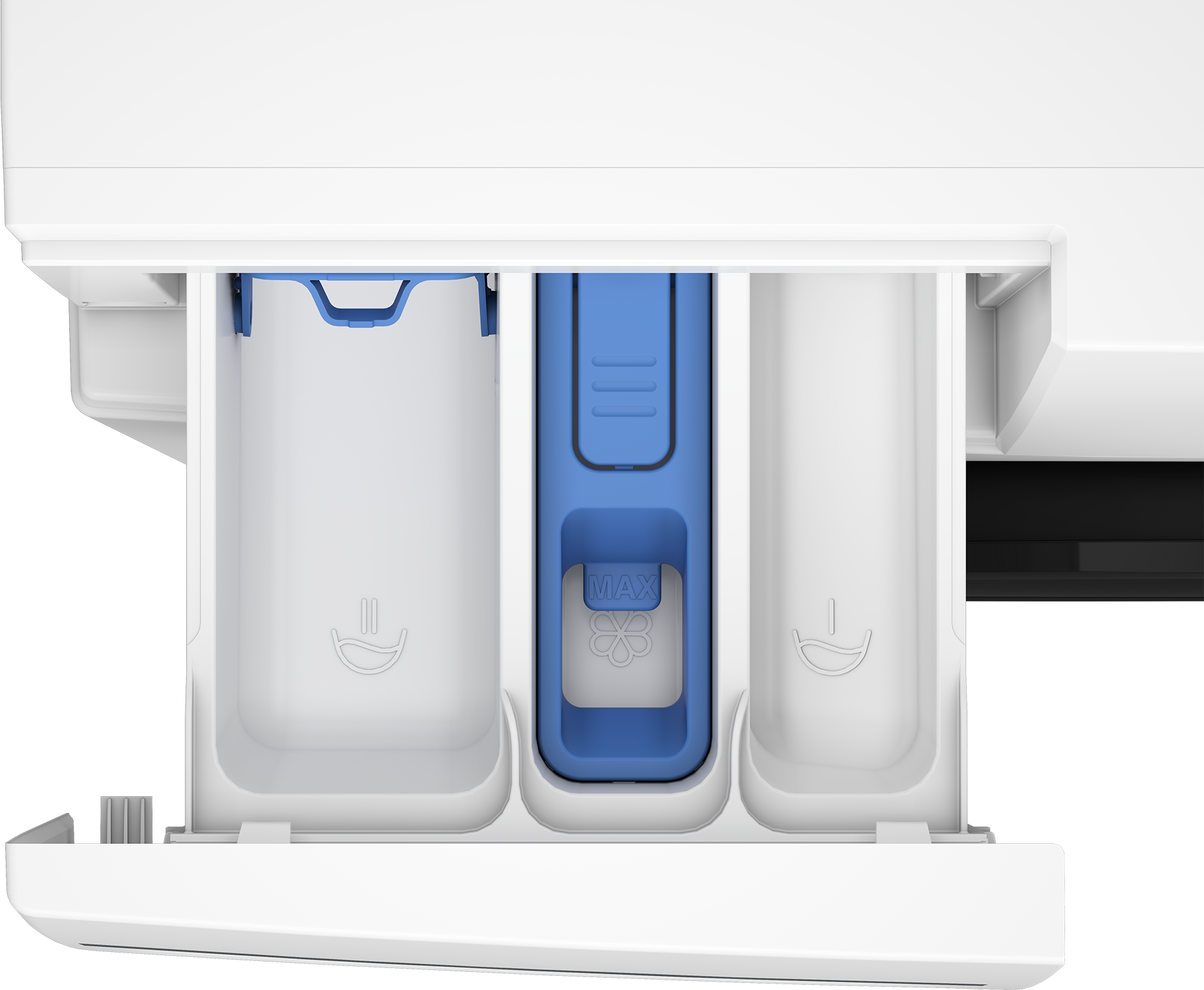 Zbliżenie szuflady na detergent w pralce, z trzema przegródkami. Środkowa jest niebieska, oznaczona poziomem 'MAX'.