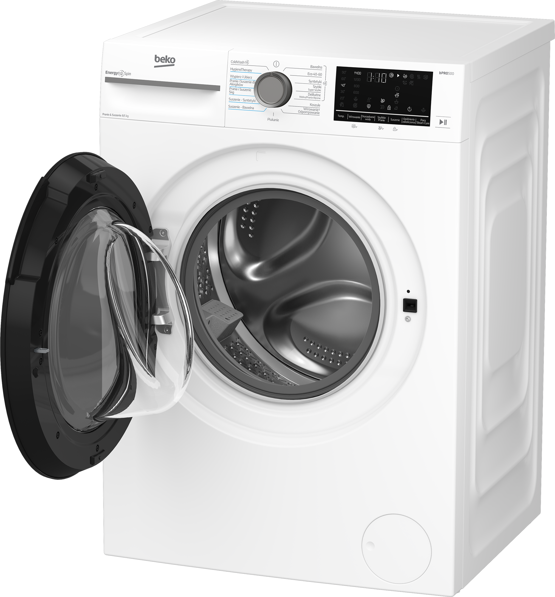 Biała pralka Beko z otwartymi drzwiami. Panel sterowania po prawej stronie, widoczny bęben.