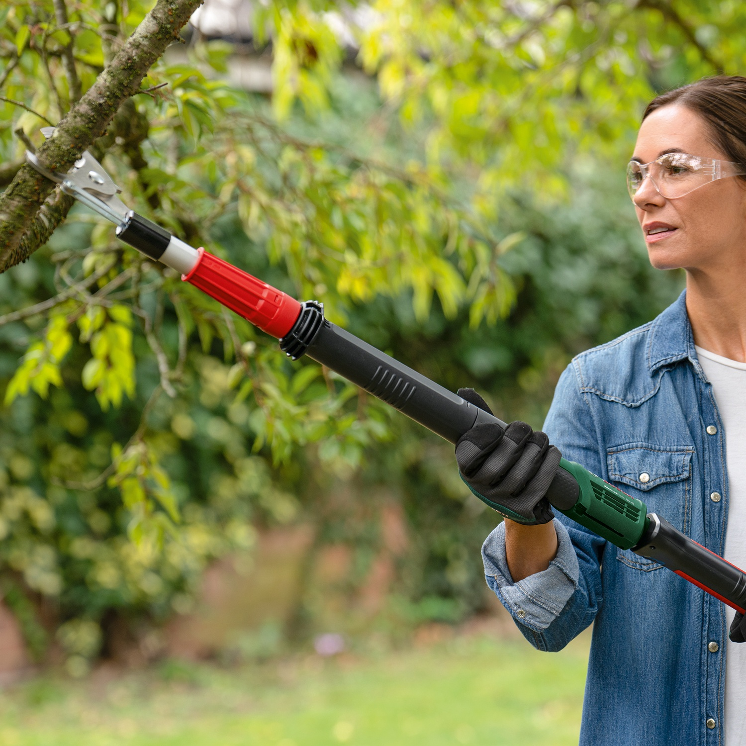 Donna che pota un ramo di un albero con una sega a palo. Indossa occhiali protettivi, guanti e una camicia di jeans. Fogliame verde sullo sfondo.