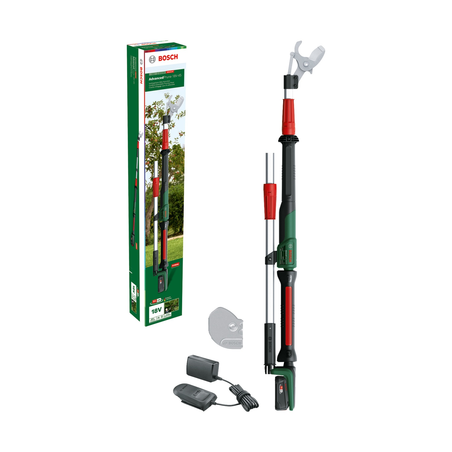 Utensile Bosch Advanced Prune 18V-45. Verde e nero, con dettagli rossi. Include batteria, caricabatterie e testa di taglio argentata.