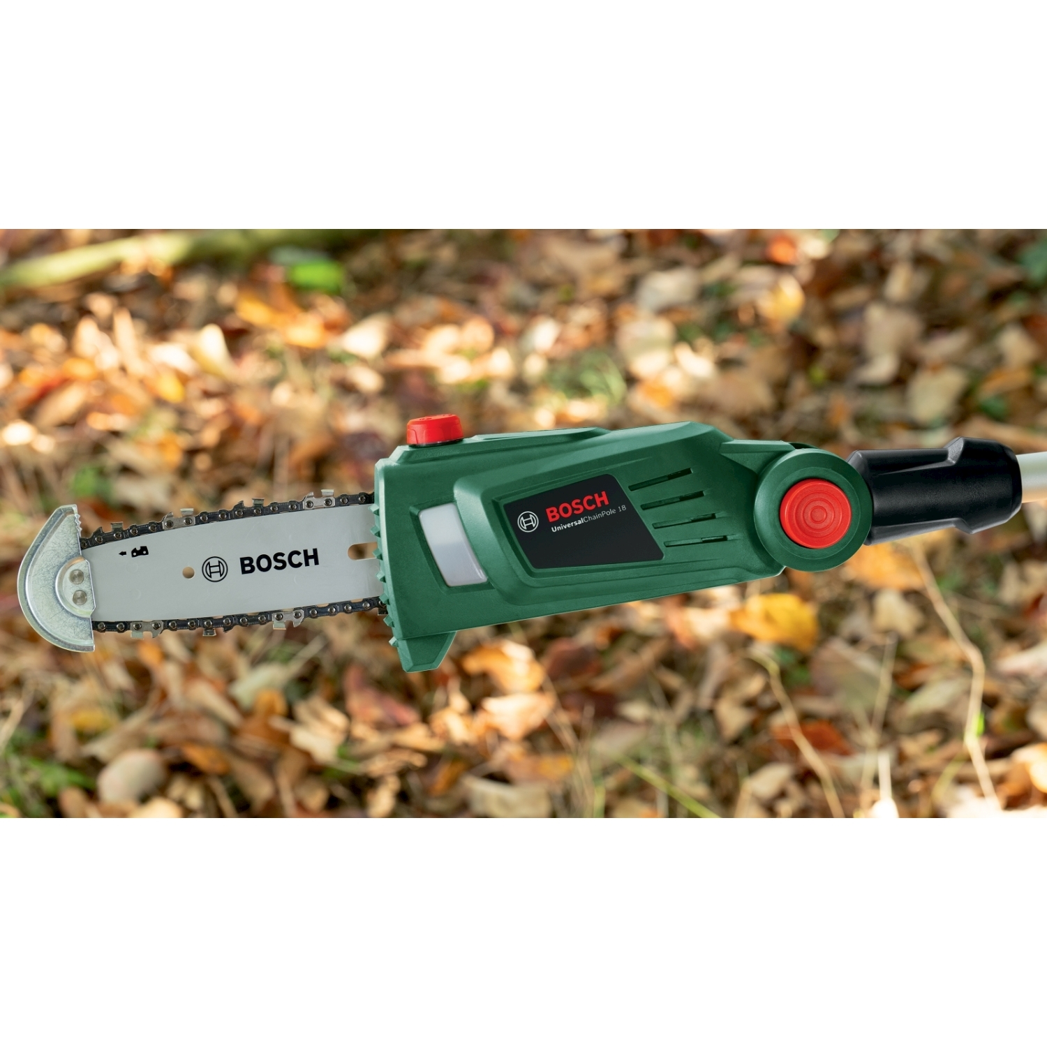 Una motosega Bosch verde con un pulsante rosso. È su un'asta e ha una catena d'argento. Lo sfondo è fatto di foglie sfocate.