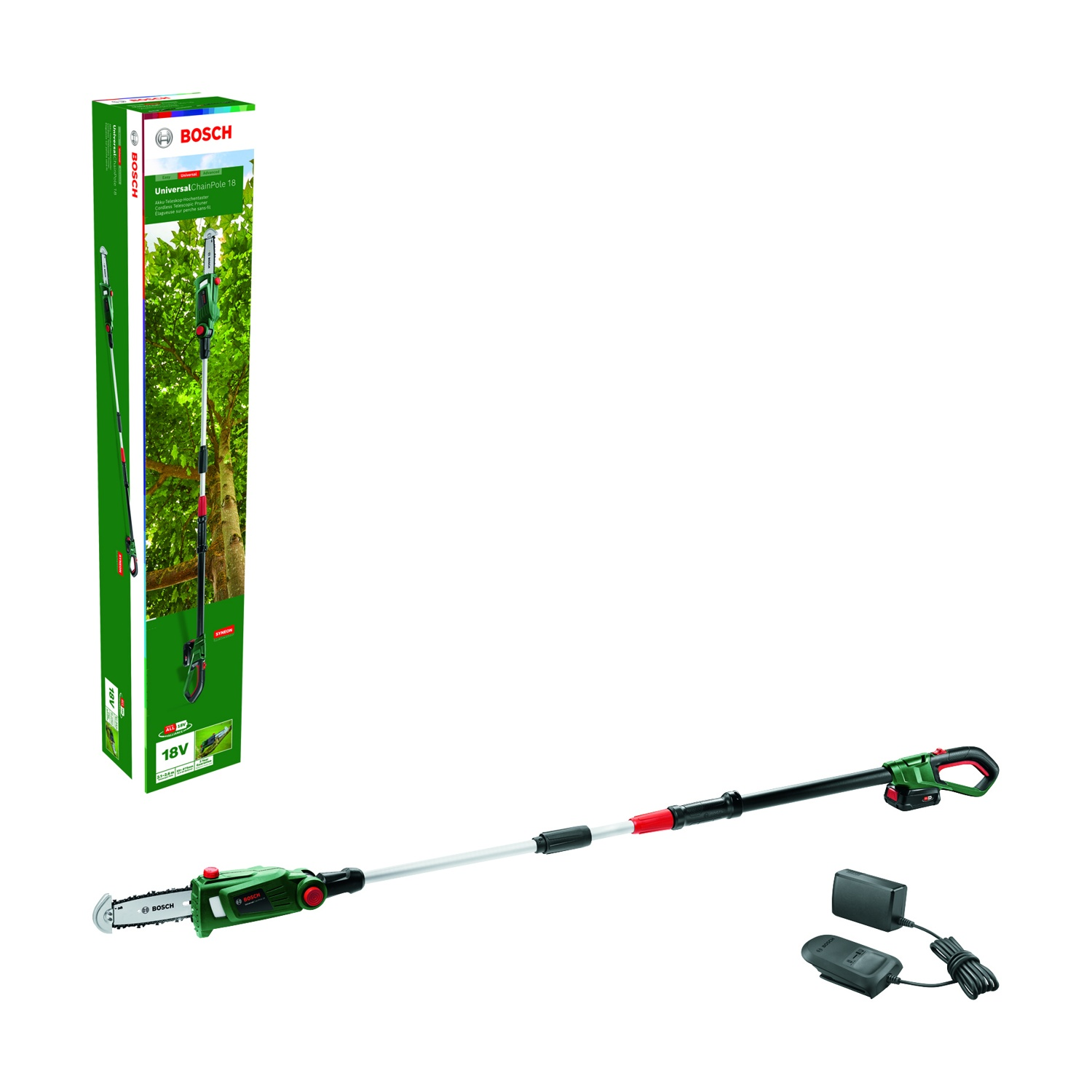 Bosch Universal ChainPole 18, una motosega telescopica verde e nera, con un caricabatterie e una confezione del prodotto su sfondo bianco.