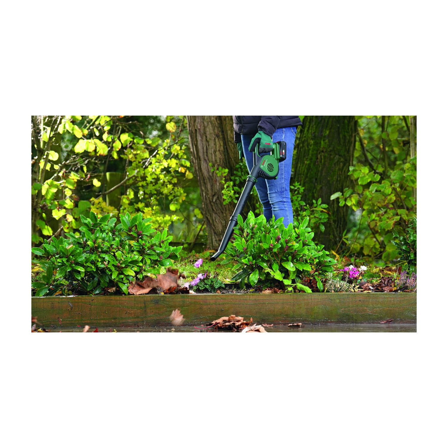 Persona usa un soffiatore di foglie in giardino. Arbusti verdi, bordo in legno e foglie cadute visibili.