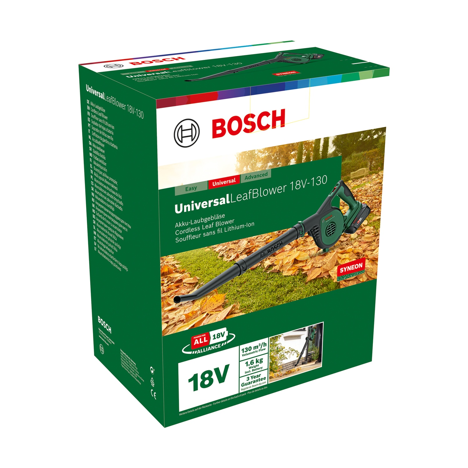 Una scatola Bosch UniversalLeafBlower 18V-130. Mostra il soffiatore su foglie e un giardino.