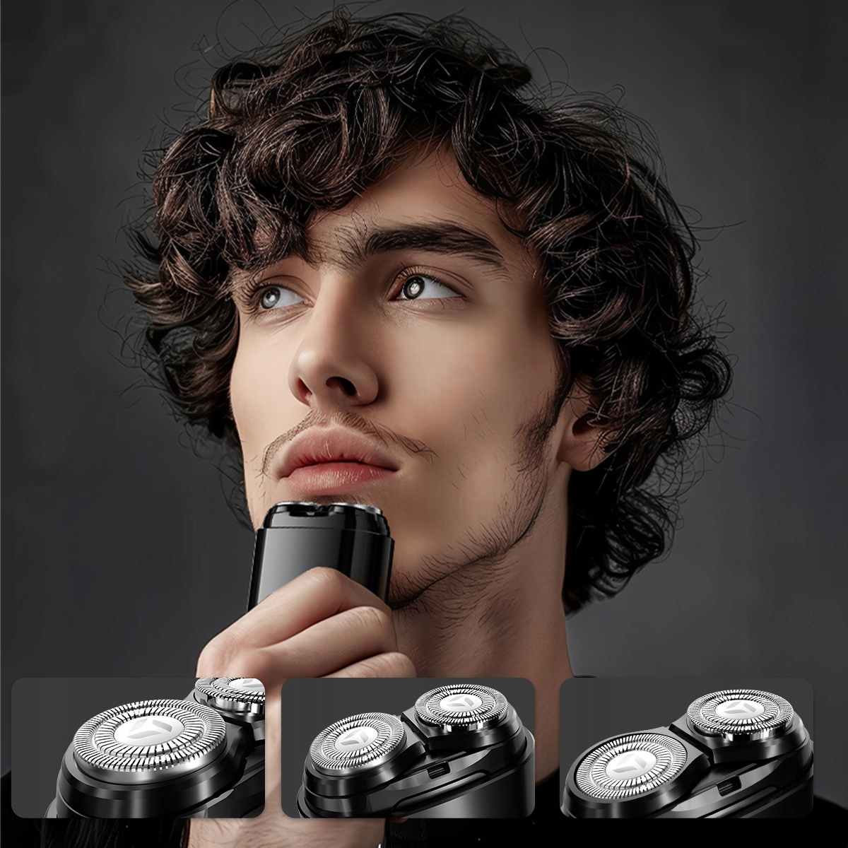 Mężczyzna goli twarz golarką elektryczną. Poniżej zbliżenie głowic golarki. Ciemne tło.