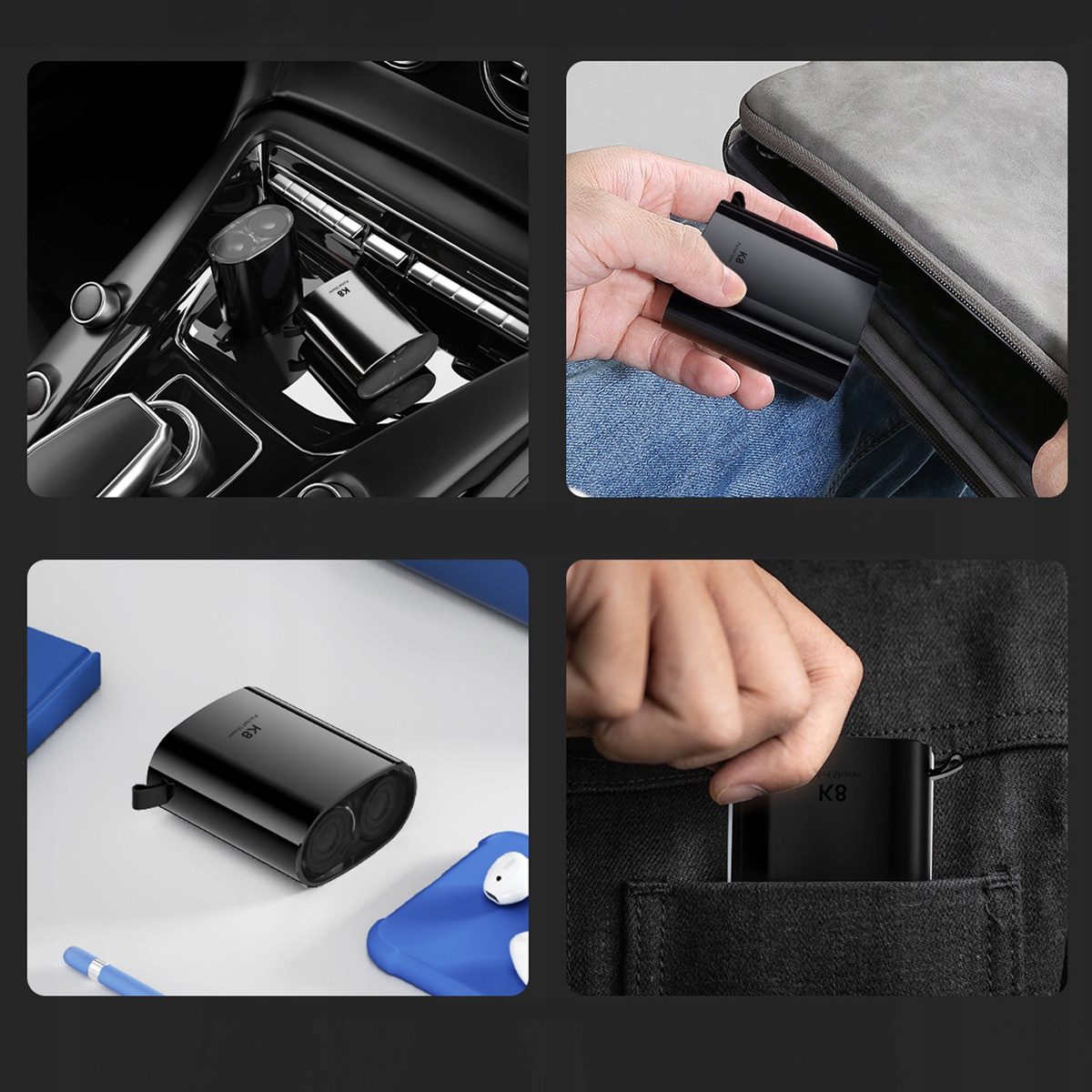 Czarny głośnik K8 pokazano w różnych ustawieniach: konsola samochodowa, trzymany w dłoni, na stole i w kieszeni. Niebieskie etui i długopis.
