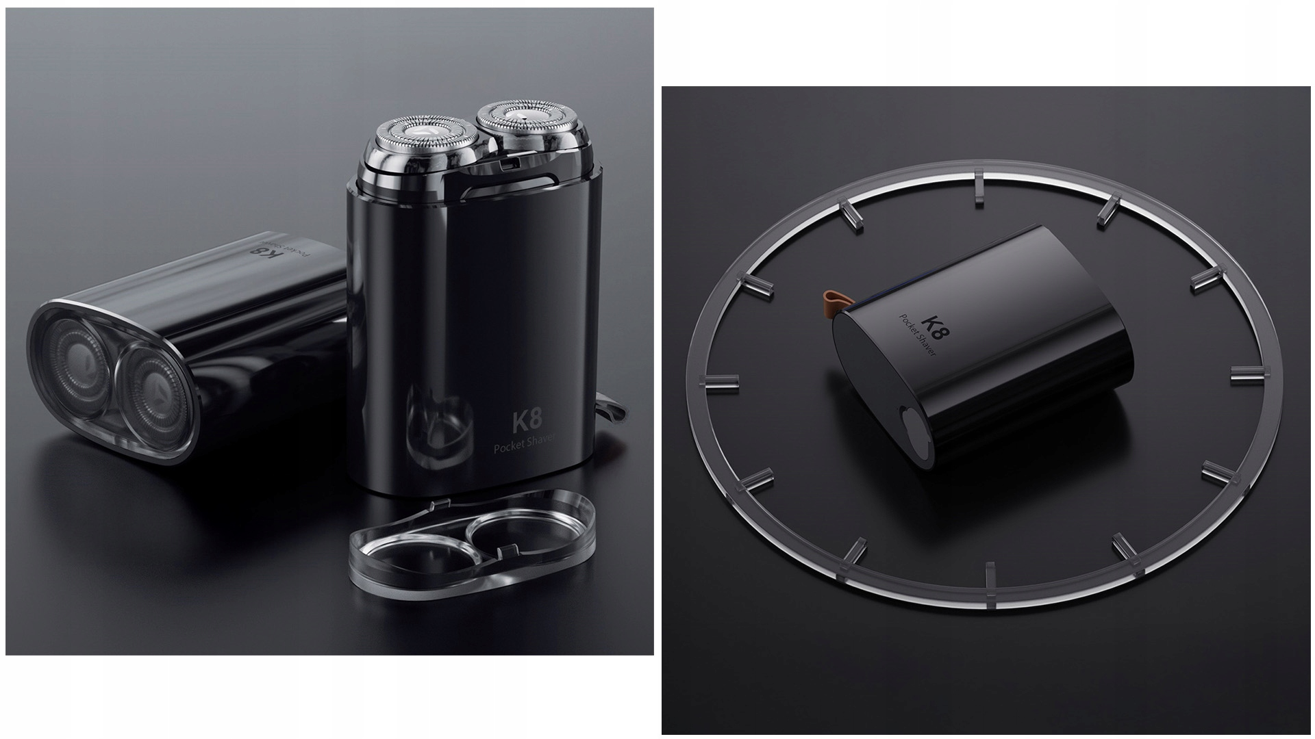 Czarna maszynka do golenia K8 z dwiema głowicami, zapasową osłoną głowicy i kolejną maszynką na przezroczystym stojaku w kształcie zegara.
