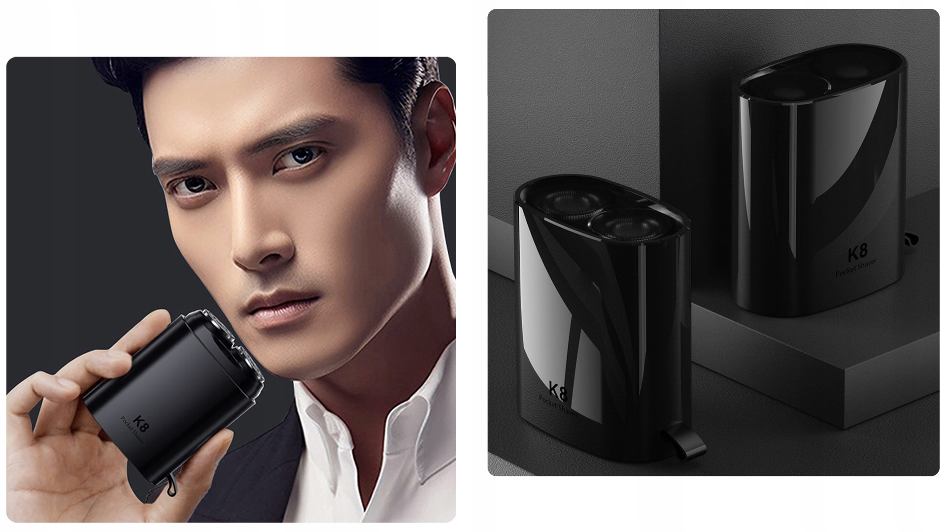 Mężczyzna trzyma czarną golarkę kieszonkową K8. Obraz zawiera dwie czarne golarki oraz twarz i górną część ciała mężczyzny.