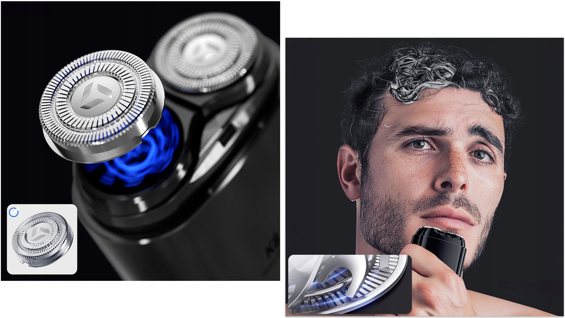Zbliżenie głowicy golarki i mężczyzny golącego się. Głowica golarki jest srebrna i czarna. Mężczyzna ma mokre włosy i goli twarz.