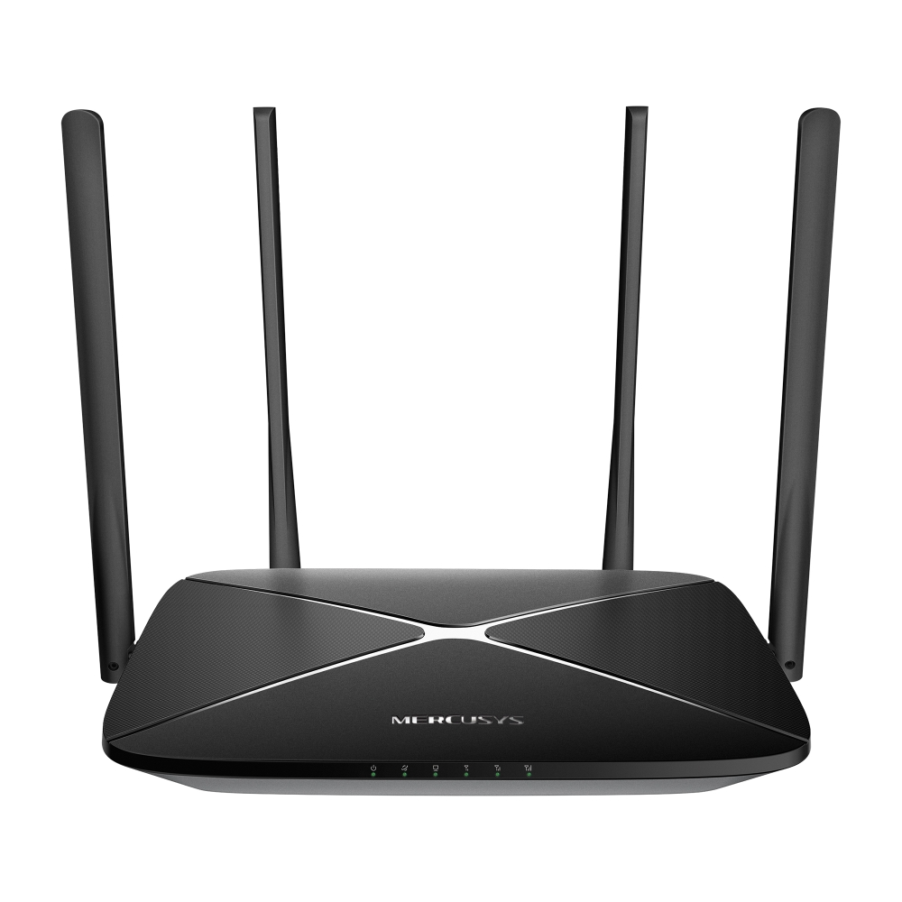 Egy fekete Mercusys router négy antennával. A routeren több zöld jelzőfény van az előlapon. Fehér háttér előtt.