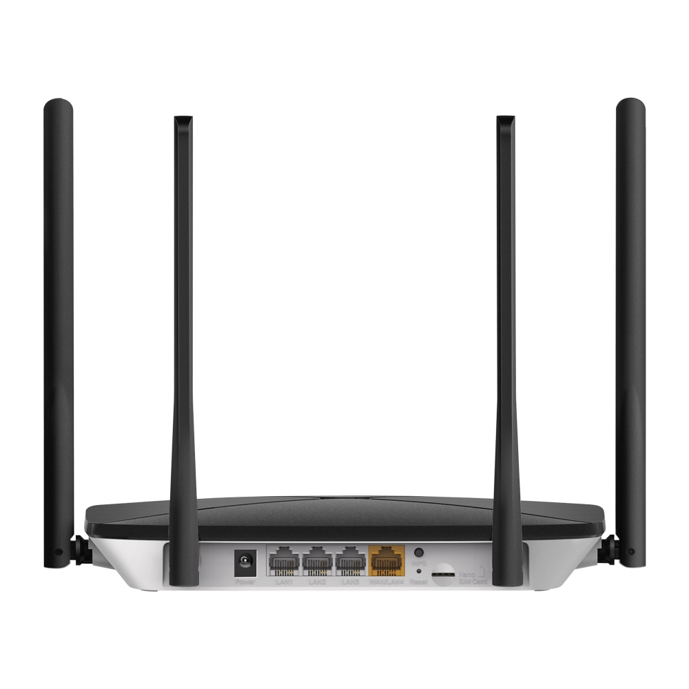 Egy fekete-szürke router, négy fekete antennával. Több portja és egy bekapcsológombja van elöl.