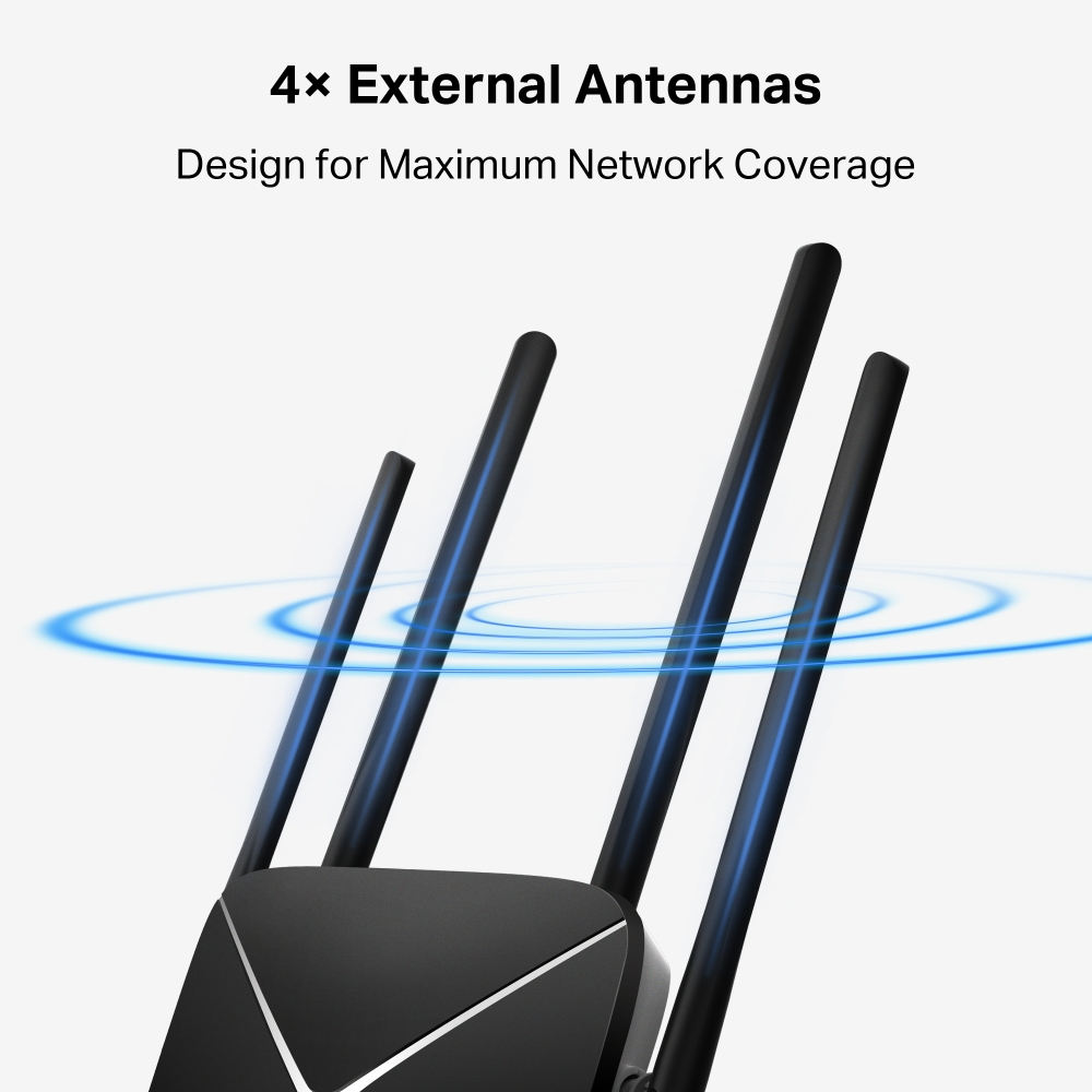 Fekete router négy külső antennával. Kék jelhullámok sugároznak az antennákból. Szöveg: '4x Külső antennák'.