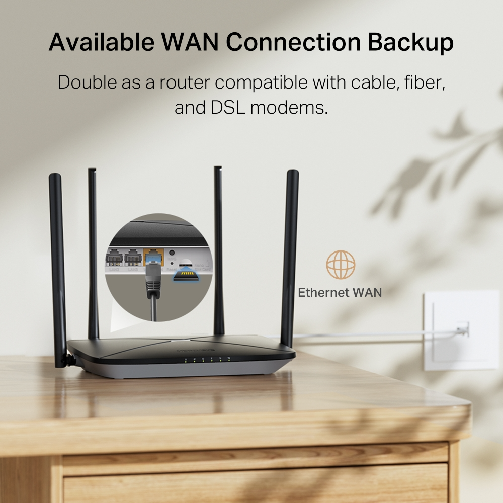Router faasztalon, fekete antennákkal. Közelkép a portokról és a bedugott kábelről. Szöveg: Elérhető WAN kapcsolat biztonsági mentés.