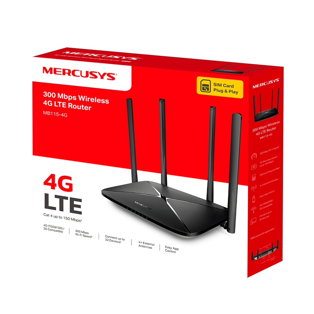 Fekete Mercusys 4G LTE router antennákkal, piros-fehér dobozon, szöveggel és ikonokkal.