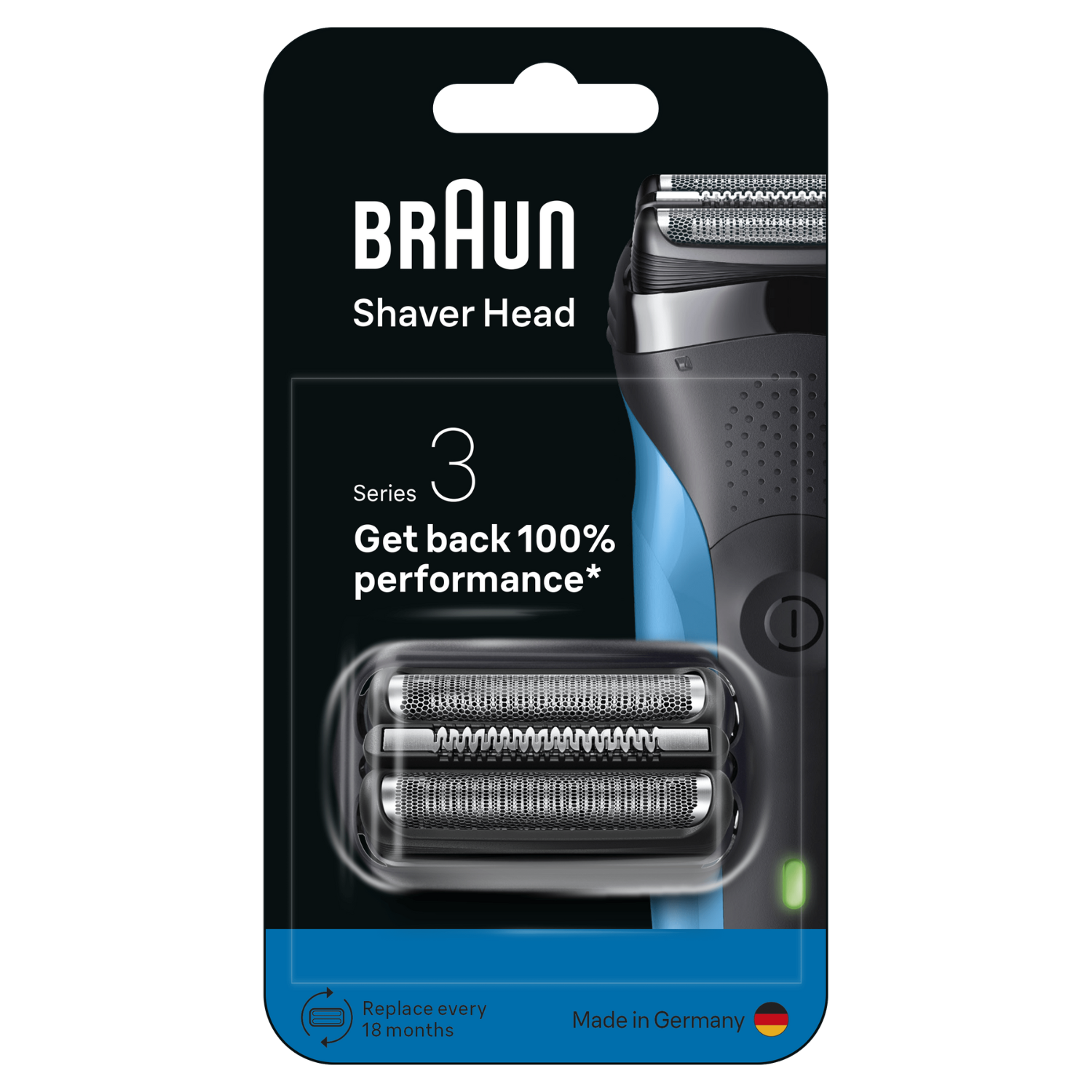 Paquete de cabezal de afeitadora Braun. Negro y azul con texto y un cabezal visible. Dice 'Get back 100% performance'.