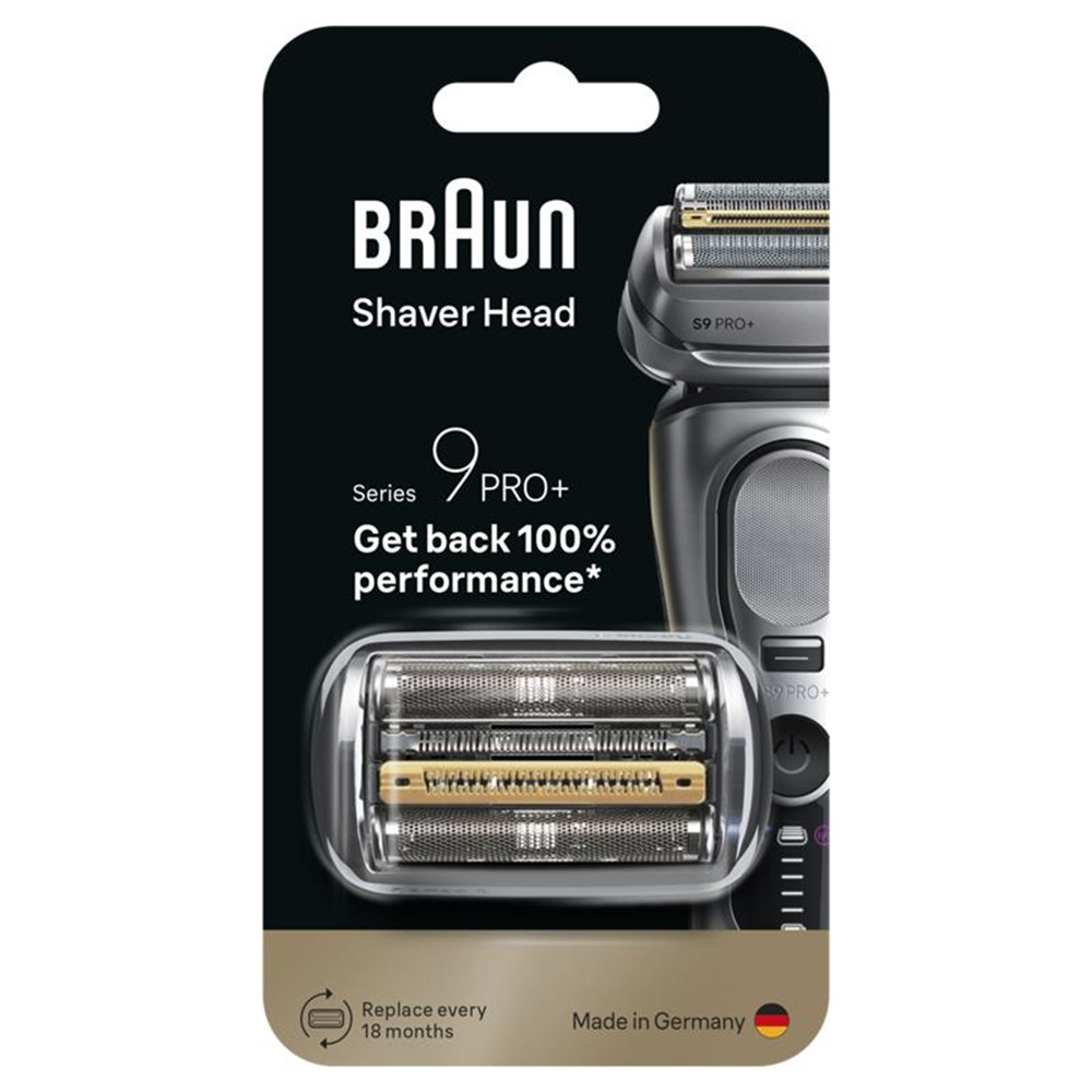 Reemplazo del cabezal de afeitado Braun Series 9 Pro+. El paquete muestra el producto y la afeitadora. Texto: Recupera el 100% del rendimiento.
