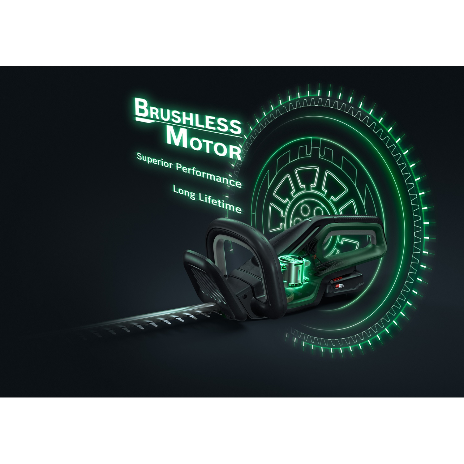 Un tagliasiepi nero e verde. Le parole 'Brushless Motor' sono visualizzate. Un grafico a ingranaggi verde brillante è sullo sfondo.
