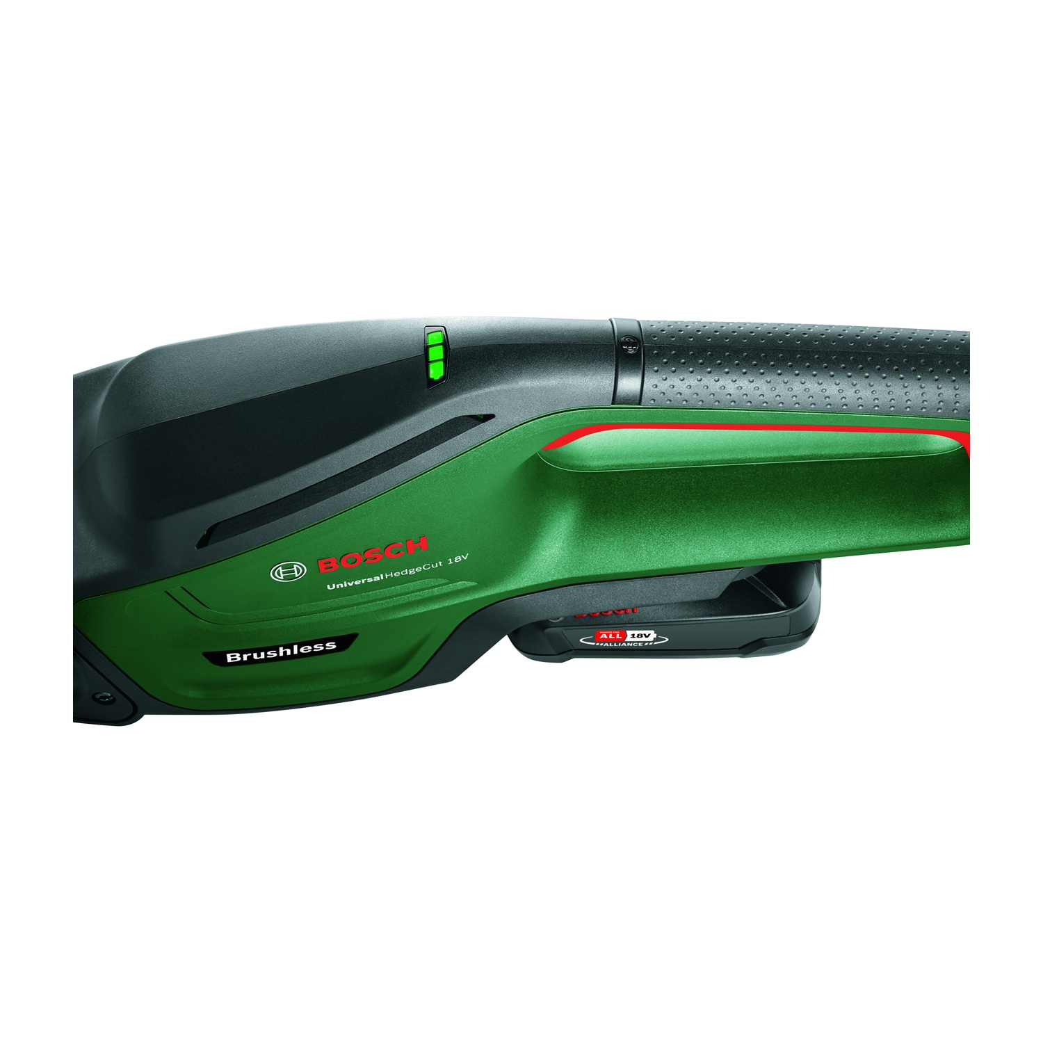 Un Bosch UniversalHedgeCut 18V verde e nero. Lo strumento ha un indicatore di alimentazione verde, dettagli rossi e la parola 'Brushless'.