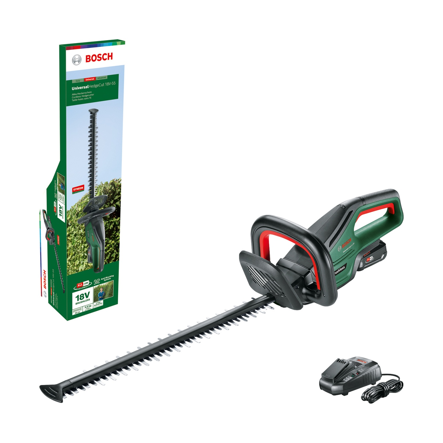 Un tagliasiepi a batteria Bosch Universal HedgeCut 18V-55. Il prodotto è verde e nero, con caricatore e confezione a sinistra.