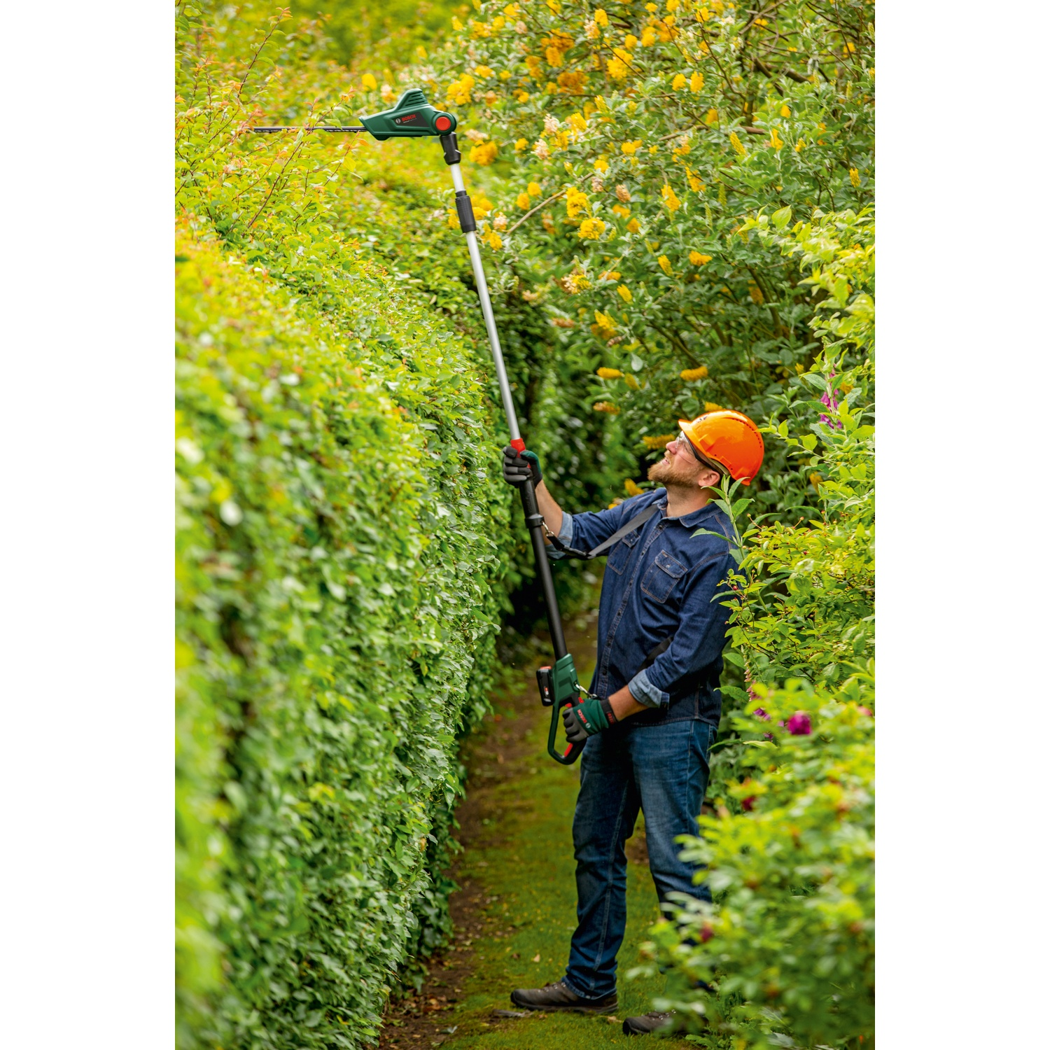 Un uomo in jeans e camicia di jeans taglia una siepe con un'asta di sega. Indossa un casco e guanti. Lo sfondo è un giardino.
