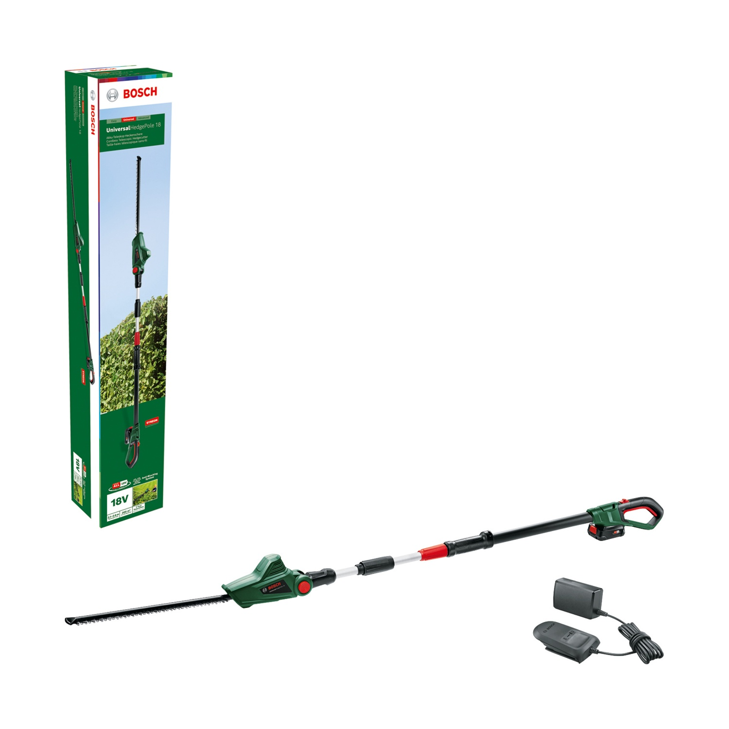 Bosch UniversalHedgePole 18, un tagliasiepi verde e nero con una scatola. Sono presenti anche la batteria e il caricabatterie.