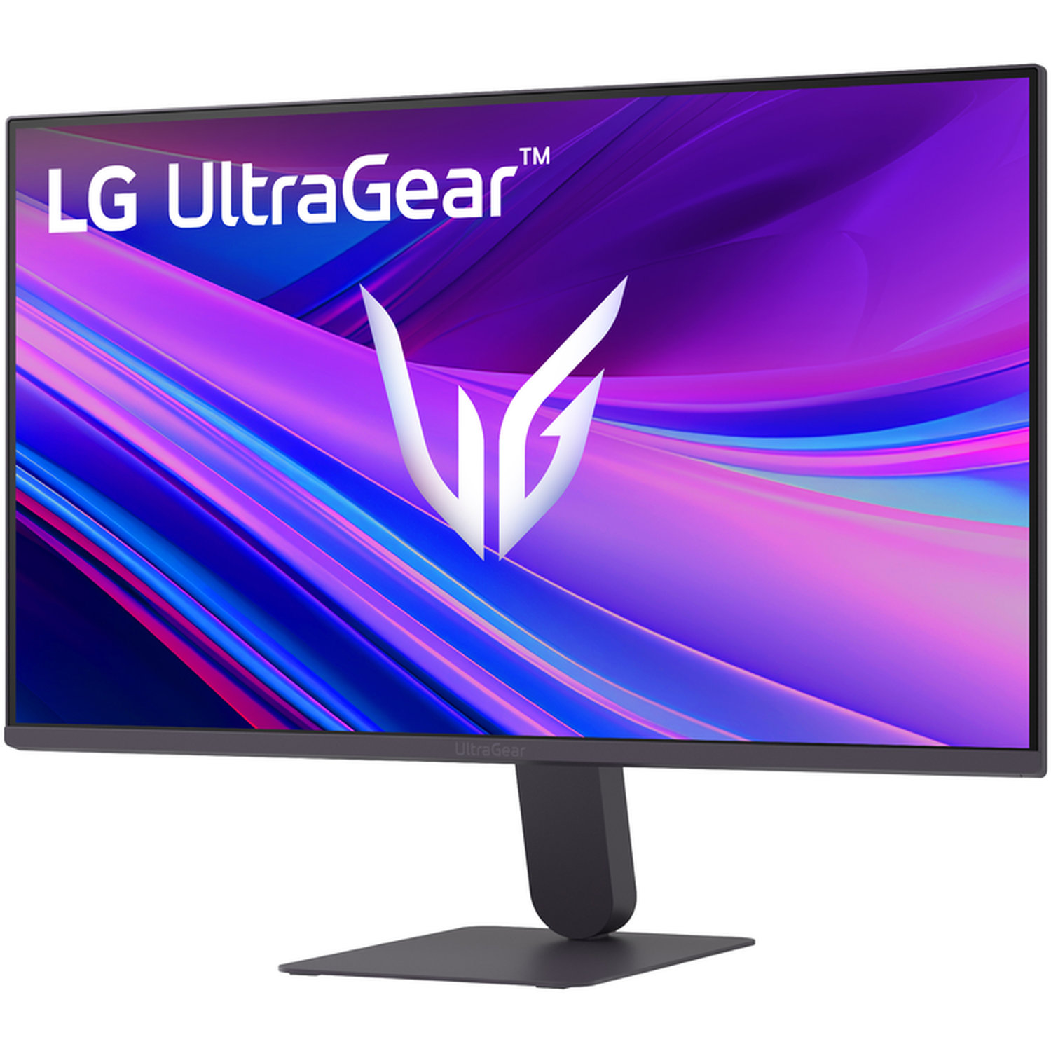 An LG UltraGear monitor. The screen displays a colorful abstract background with the UltraGear logo. The monitor is black with a stand.