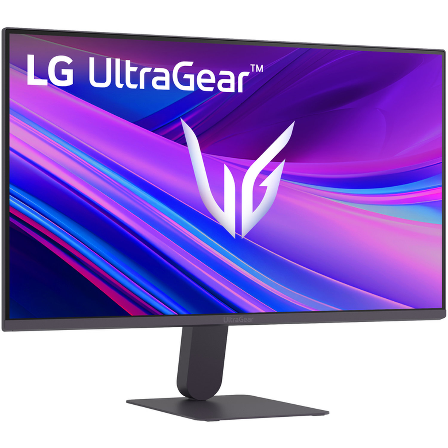 An LG UltraGear monitor. The screen displays a purple and blue abstract design. The monitor has a black stand and frame.