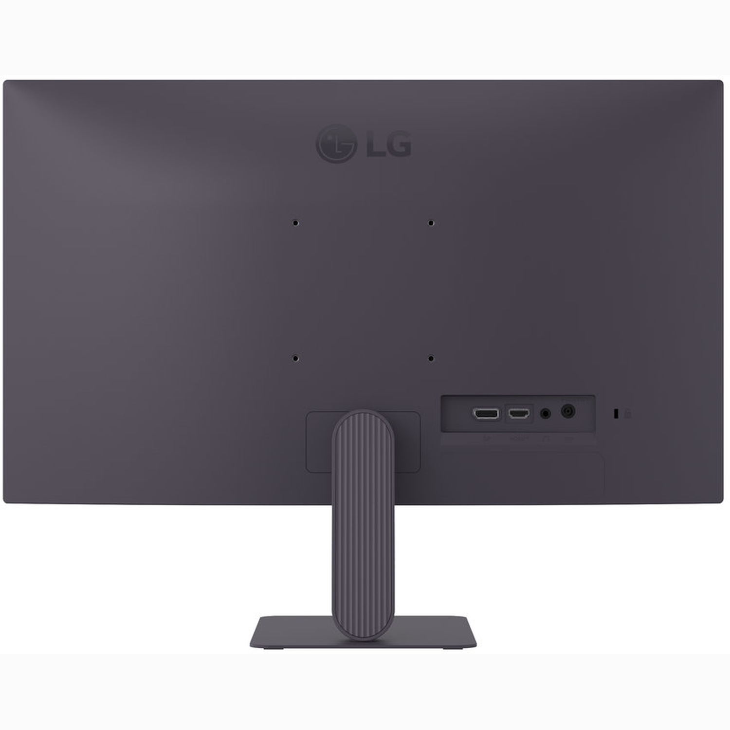 The back of a gray LG monitor is shown. Ports and a stand are visible. The logo is at the top left.