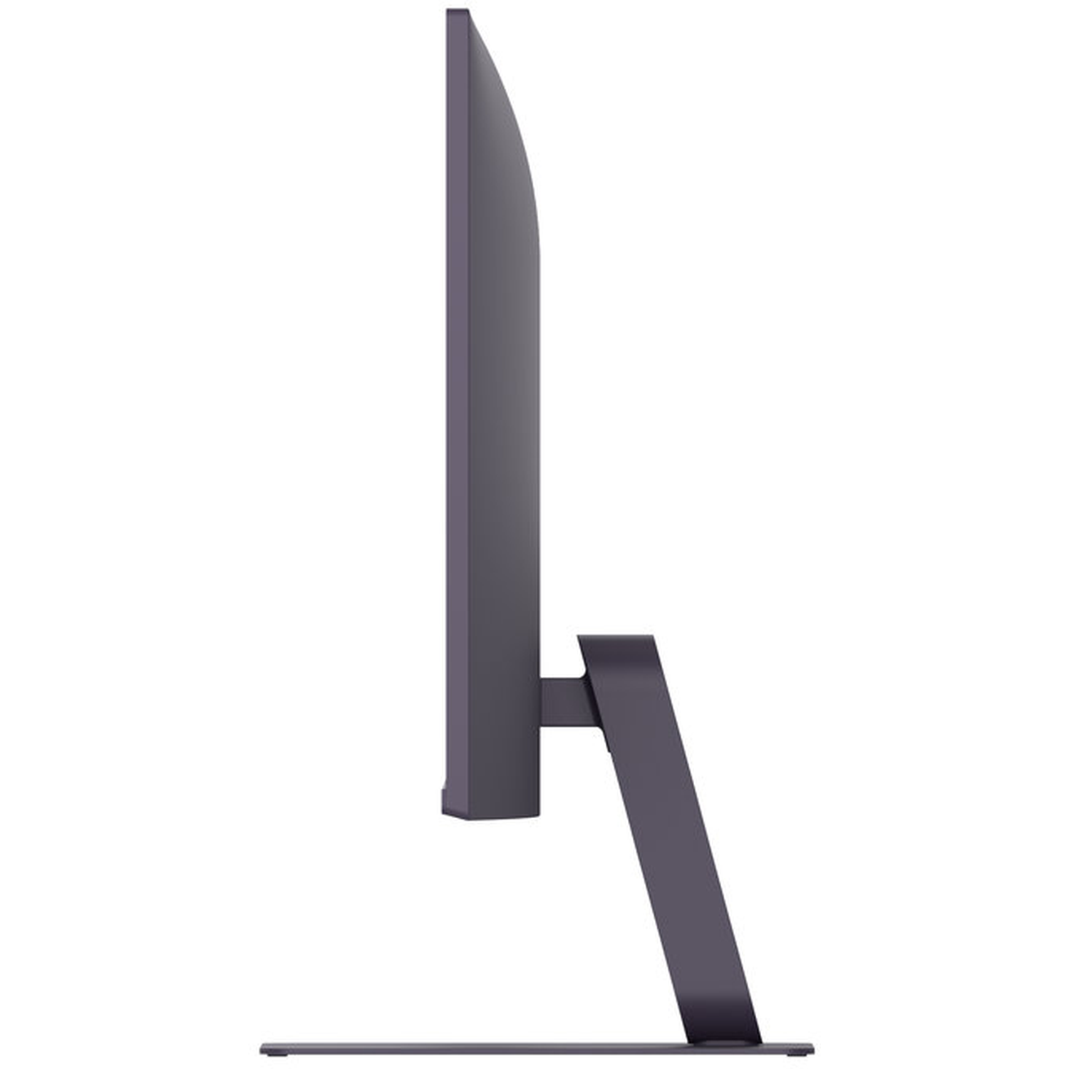 Side view of a dark gray computer monitor. The screen is thin, supported by a stand. The background is white.