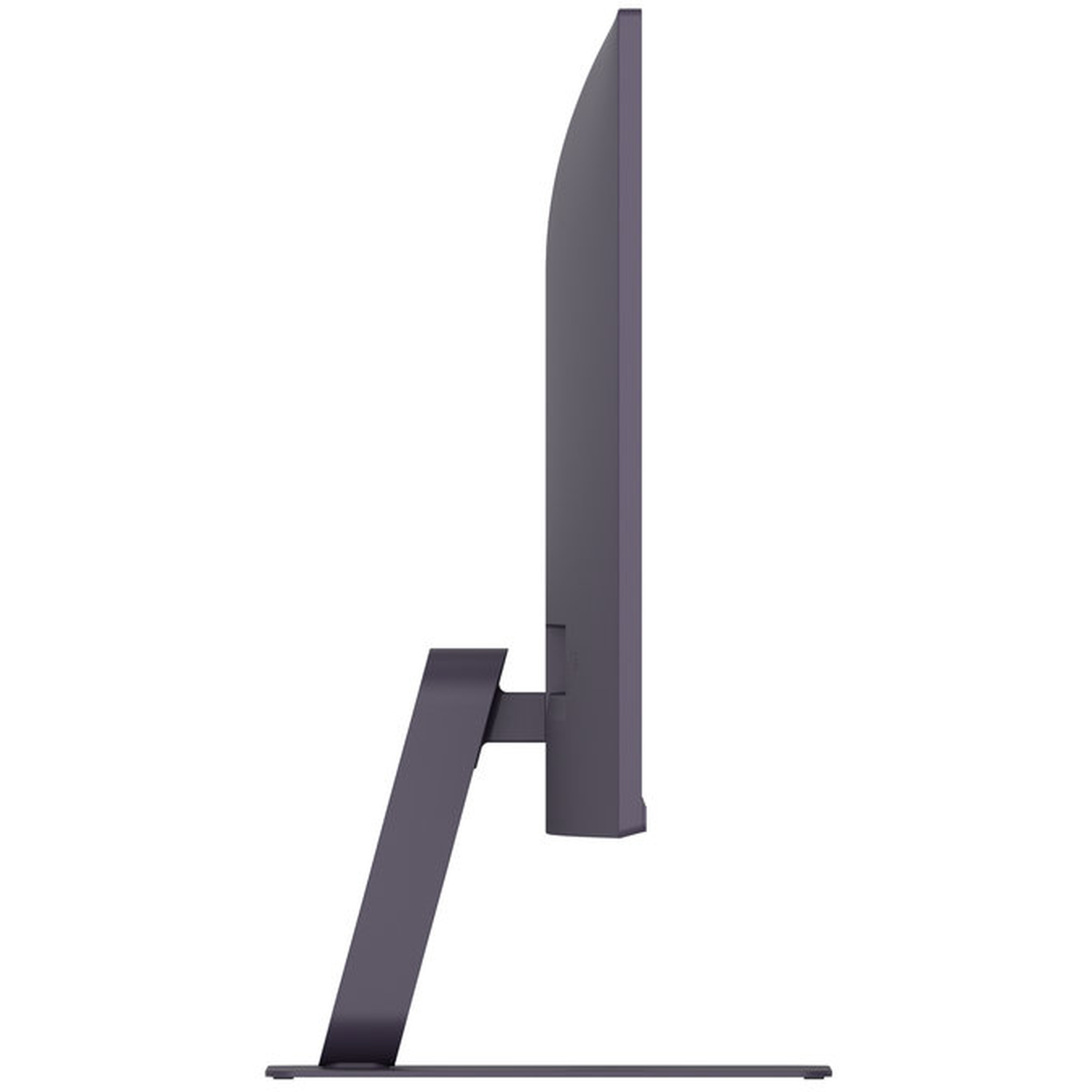 Side view of a dark gray computer monitor. It has a stand with a rectangular base and a support arm.
